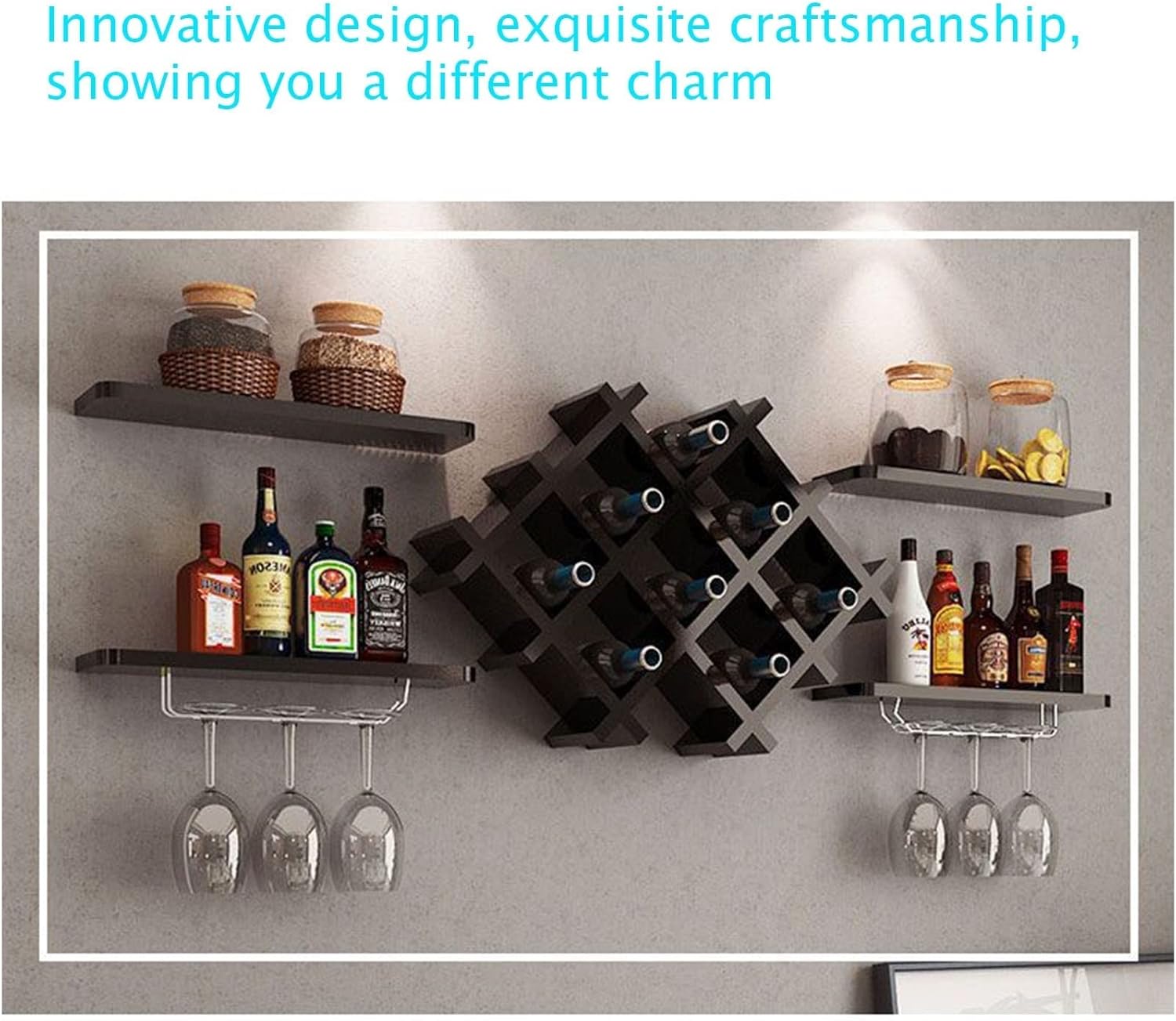 Suuim Wall Shelves - Solid Wood Wine Rack with Glass Holder