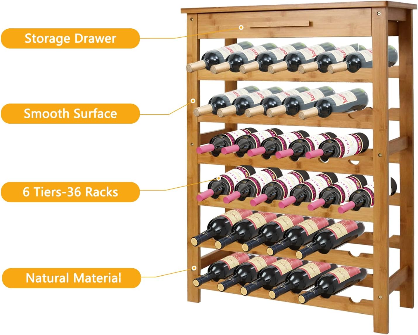 Sangsan Bamboo Wine Rack 6-Tier with Drawer