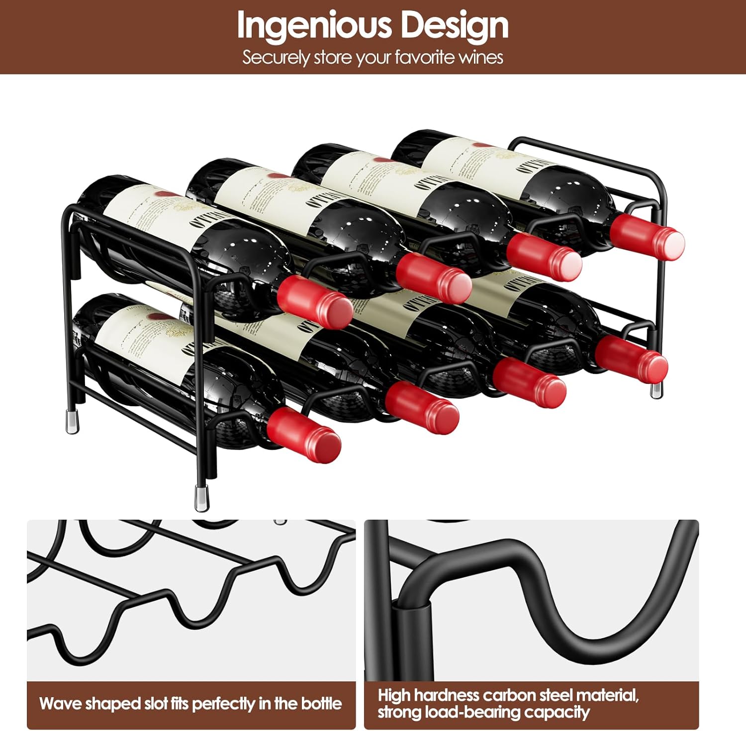 Nuovoware Double Wave Wine Rack 8 Bottle 2 Tier Black