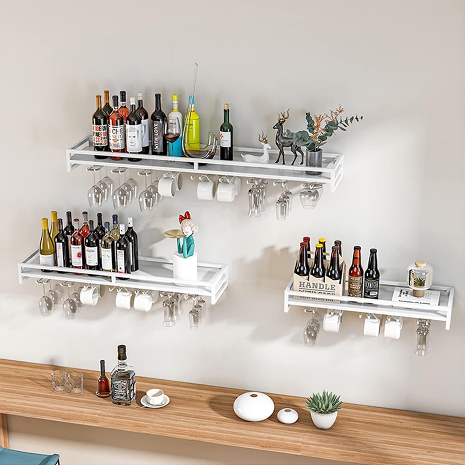 Suuim Wall-Mounted Wine Holder with Stemware and Bottle Racks White