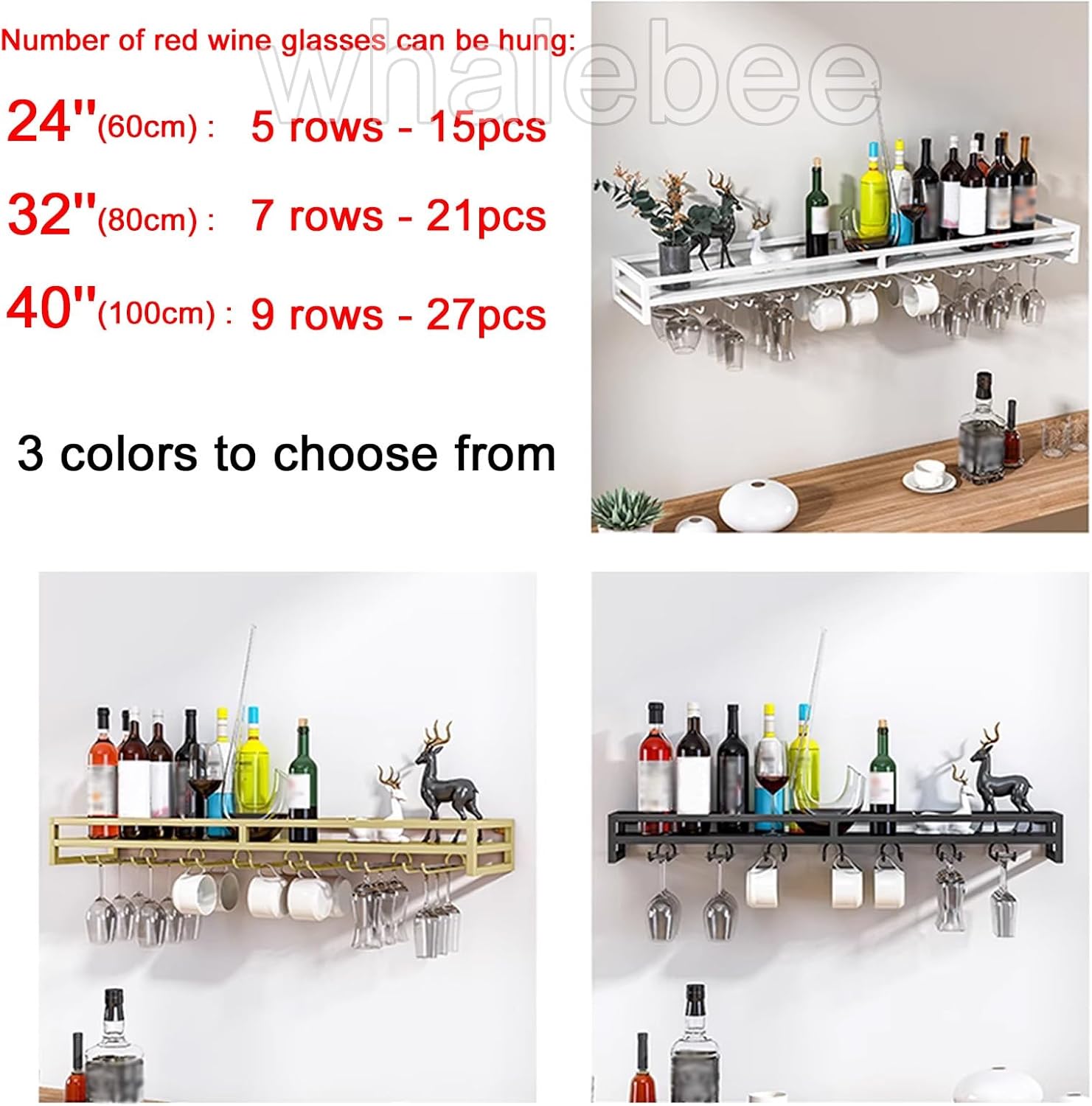 Whalebee Wall Mounted Wine Glass Rack 60cm 80cm 100cm 5 7 9 Rows