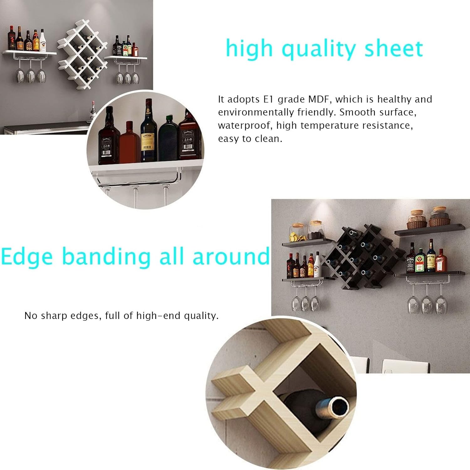 Suuim Wall Shelves - Solid Wood Wine Rack with Glass Holder