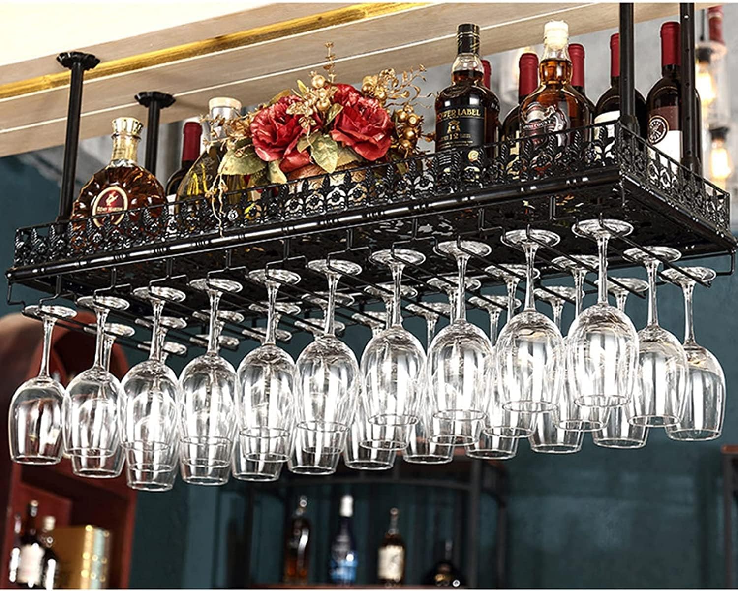 Wine Rack Ceiling Holder Black Metal Floating Wine Glass Storage Shelf