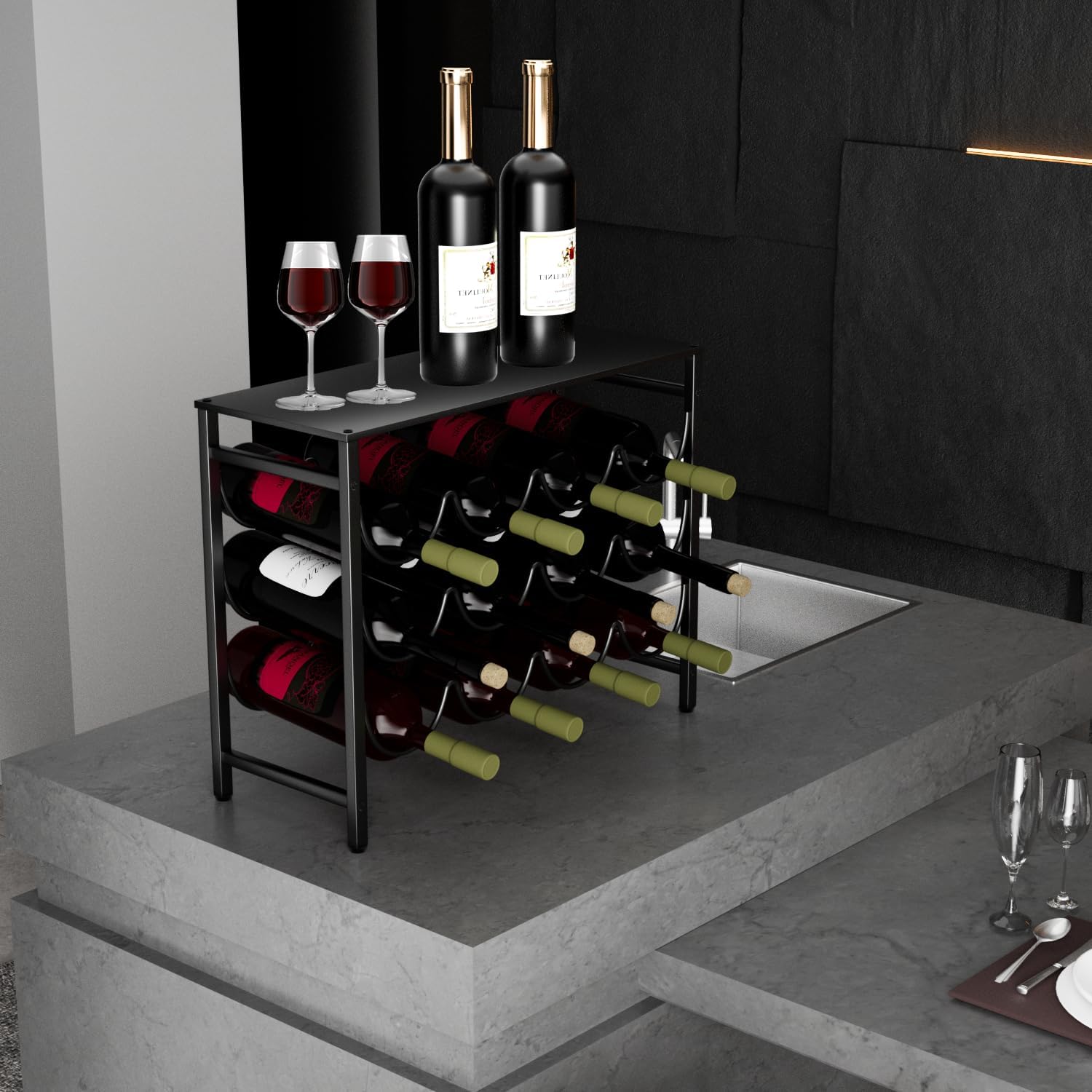 12 Bottles Waved Standing Floor Wine Rack Organizer Black