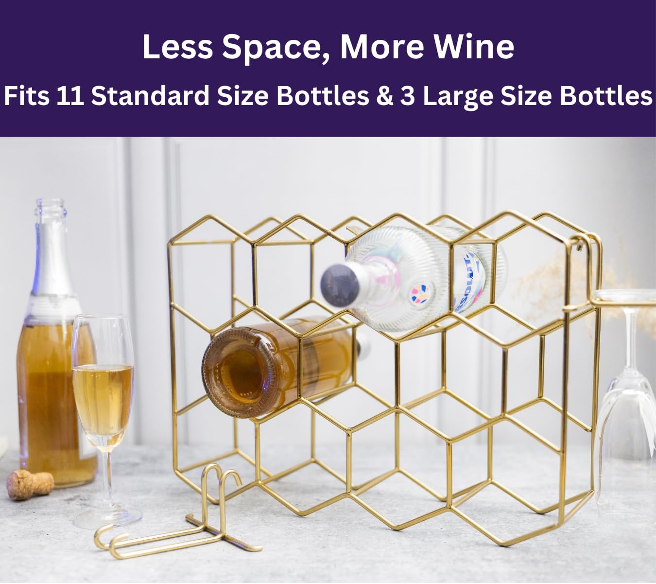 Melvvi Gold Wine Rack with 2 Glasses 14 Bottle Storage