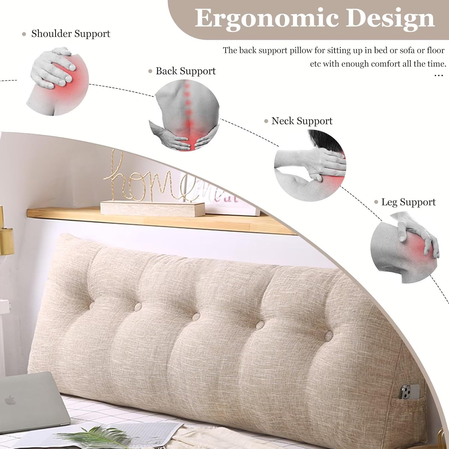 VClife Beige Wedge Headboard Pillow 47x8x20 Inch