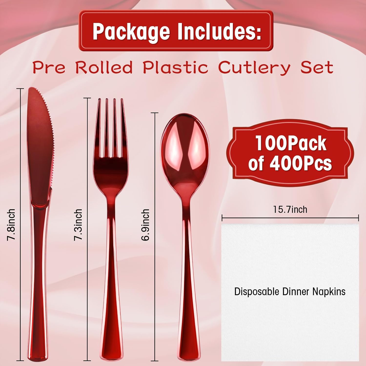 100Pack Red Pre-Rolled Plastic Cutlery Set with Napkins
