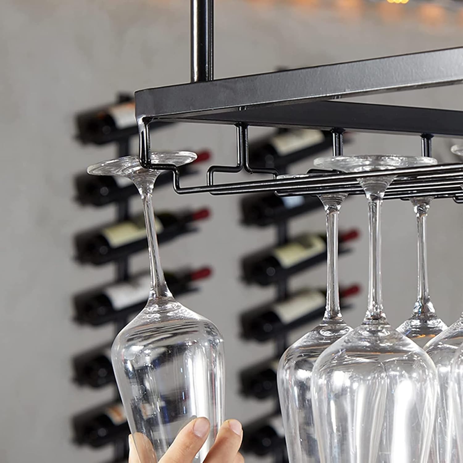 Adjustable Ceiling Wine Glass Rack - 118-236In Black Metal Holder