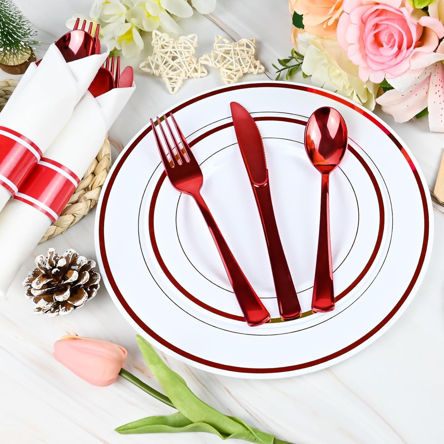100Pack Red Pre-Rolled Plastic Cutlery Set with Napkins