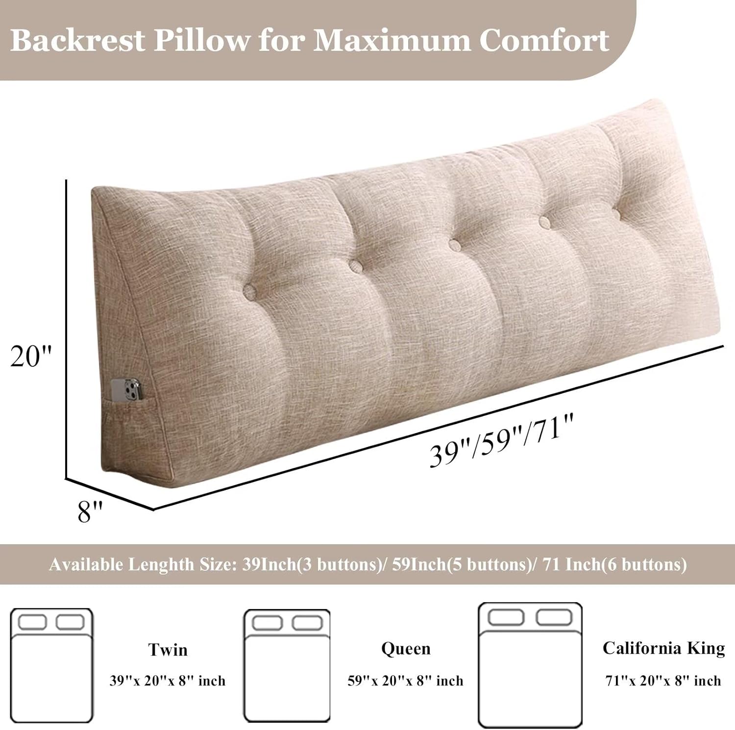 VClife Beige Wedge Headboard Pillow 47x8x20 Inch