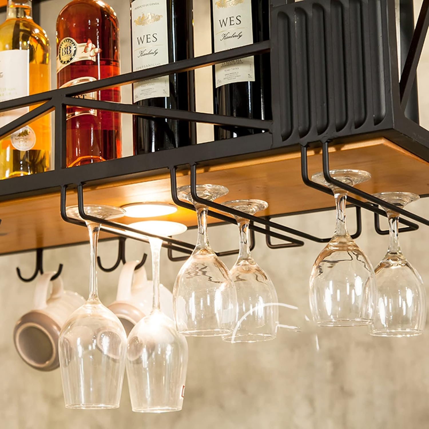 Ceiling Wine Rack with Wood and Iron Construction