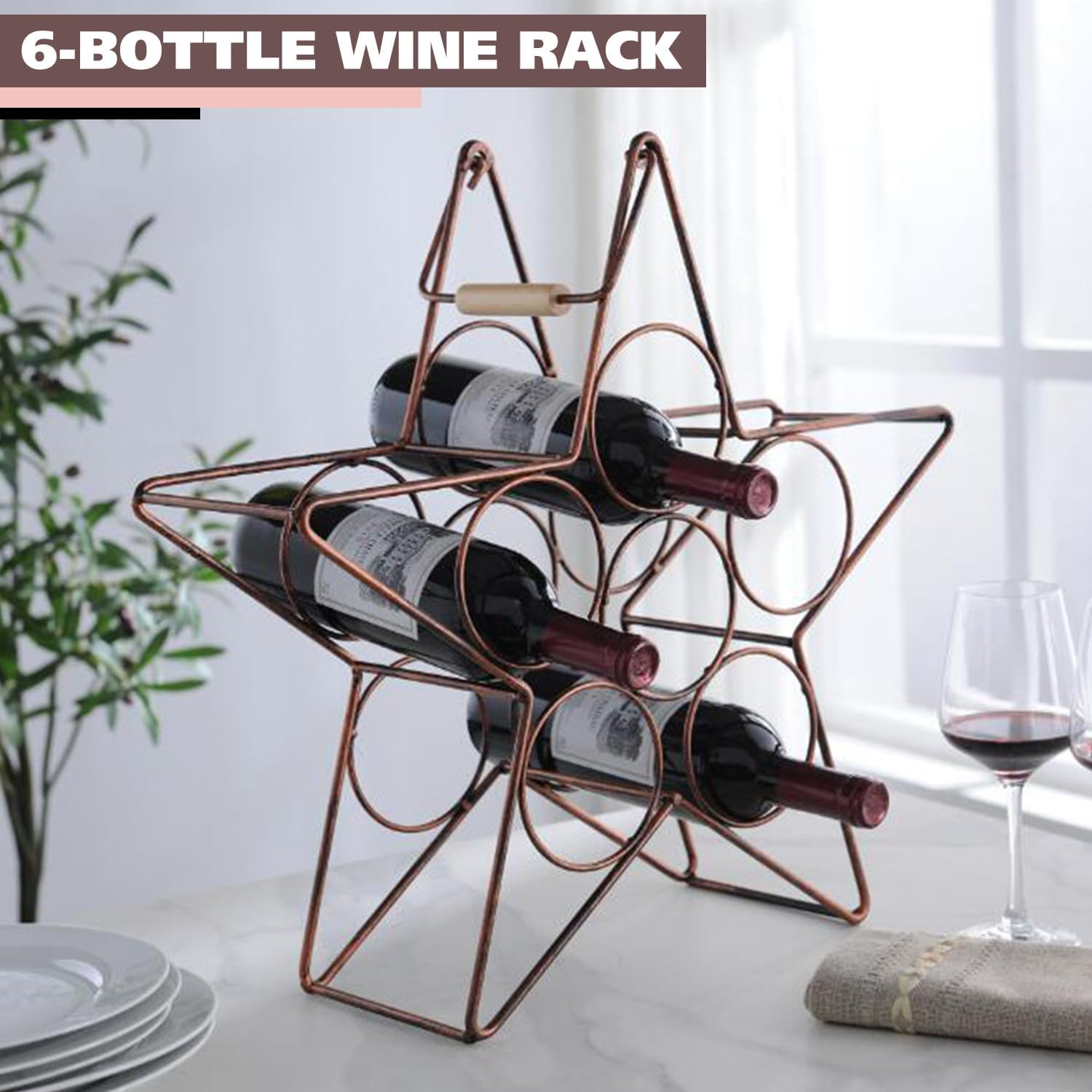 Kings Brand Furniture Metal Wine Rack - Brushed Copper Freestanding 6-Bottle
