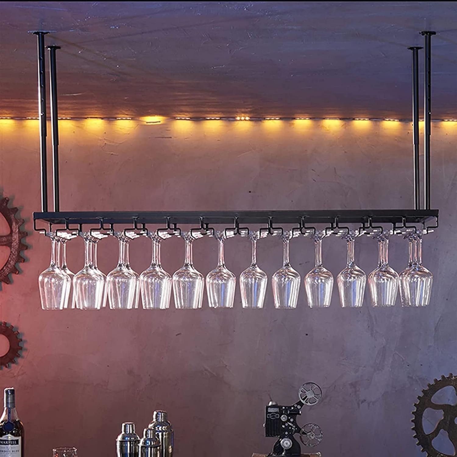 Adjustable Ceiling Wine Glass Rack - 118-236In Black Metal Holder