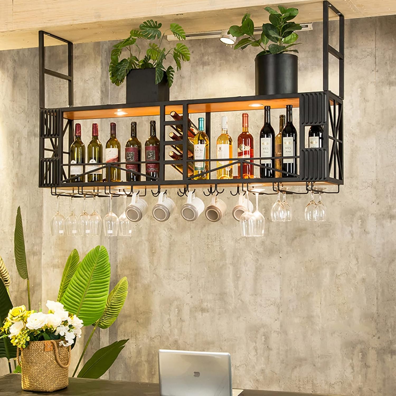 Ceiling Wine Rack with Wood and Iron Construction