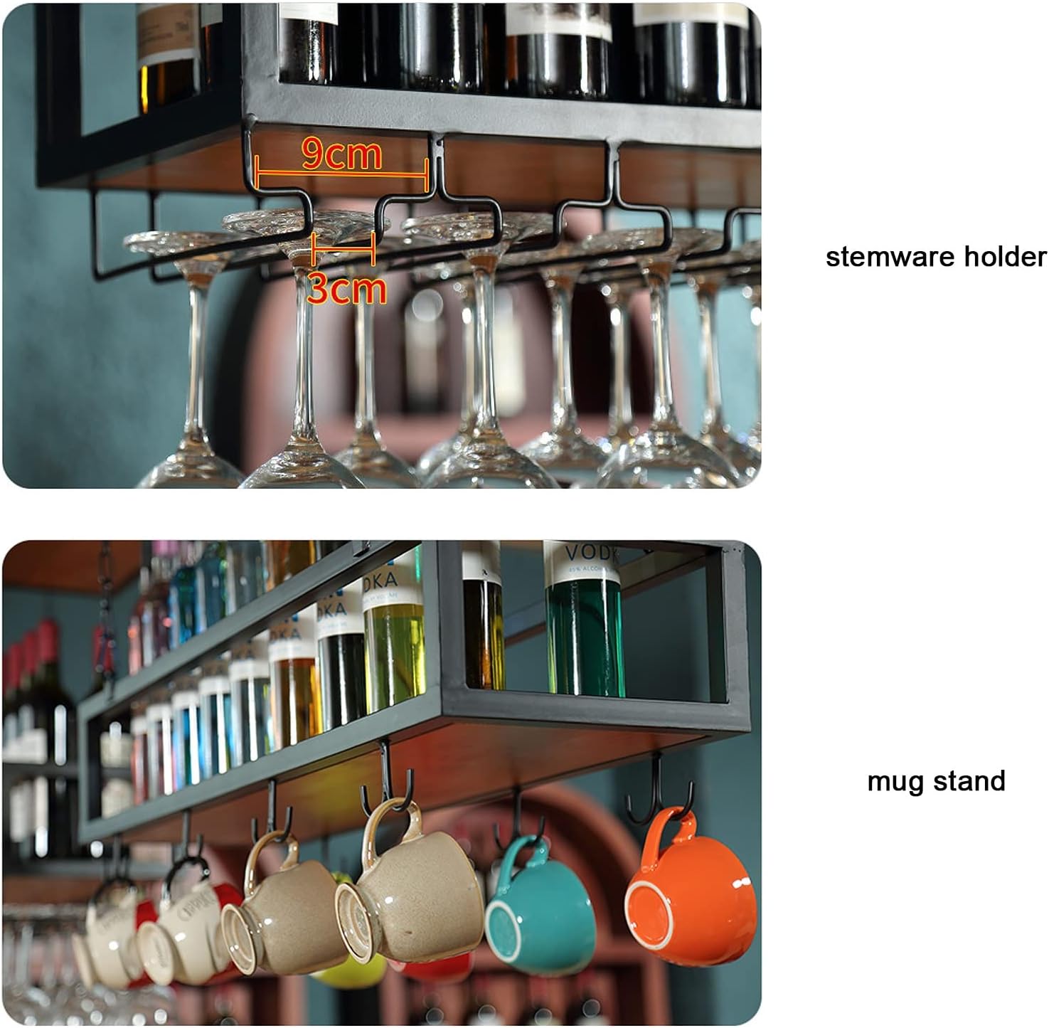 Adjustable Ceiling Wine Shelf with Glass Durable Metal Stand Wall-Mounted Organizer