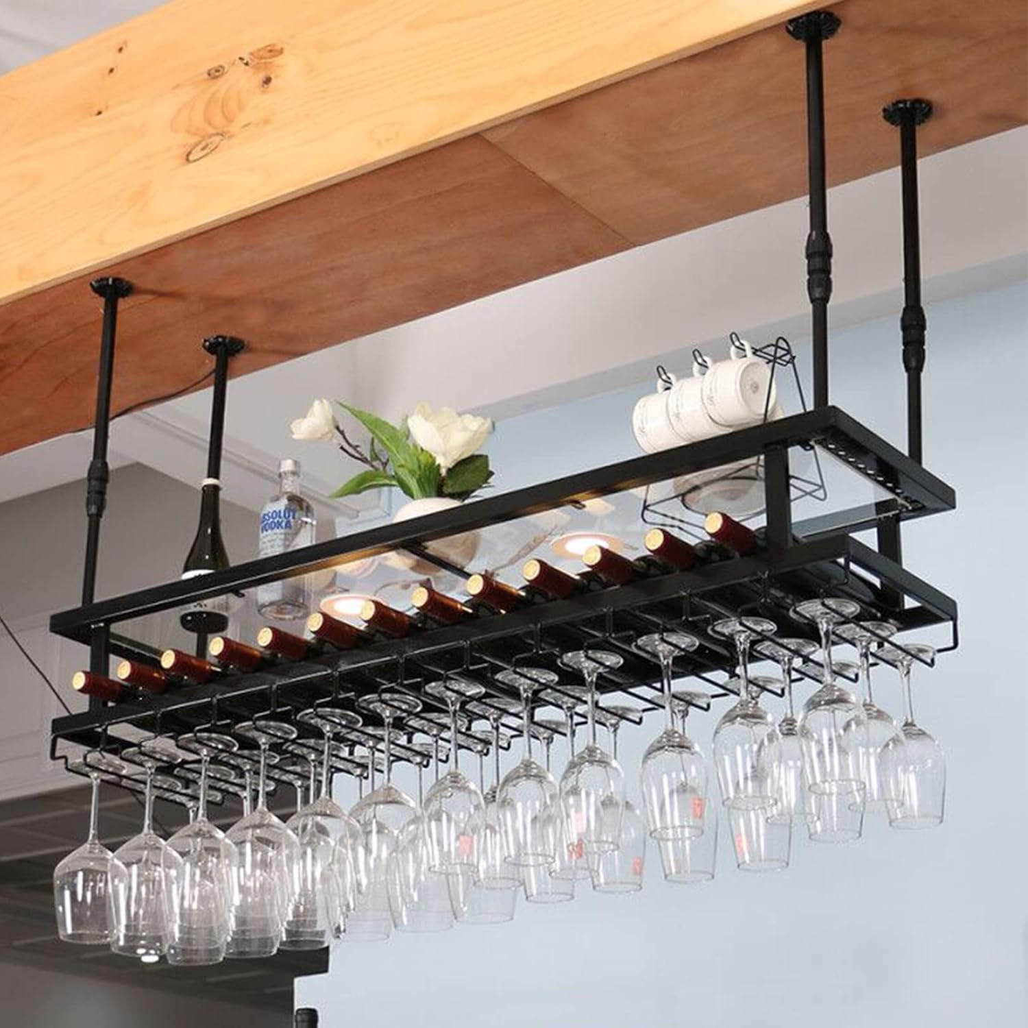 2-Layer Industrial Wine Rack with Adjustable Metal Ceiling Mount and LED Lights