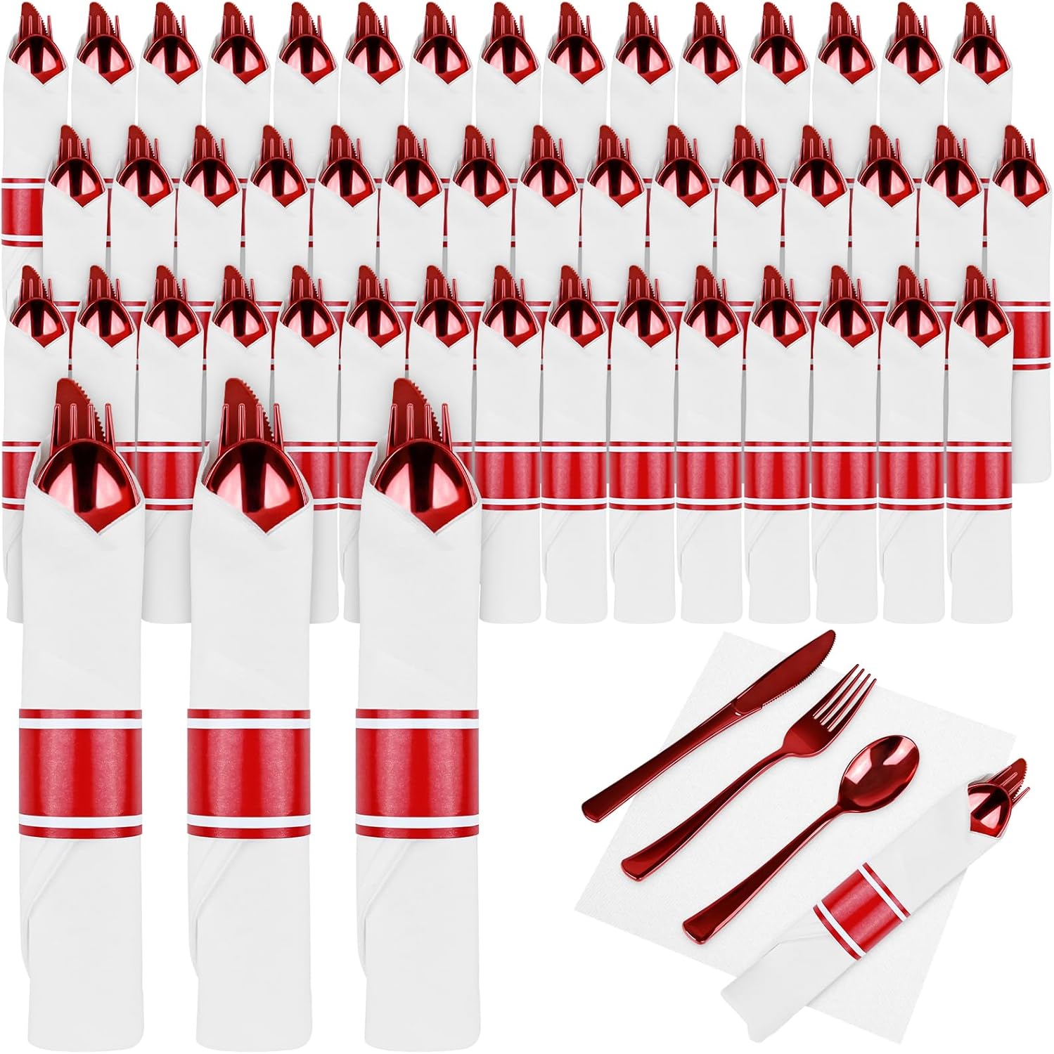 100Pack Red Pre-Rolled Plastic Cutlery Set with Napkins