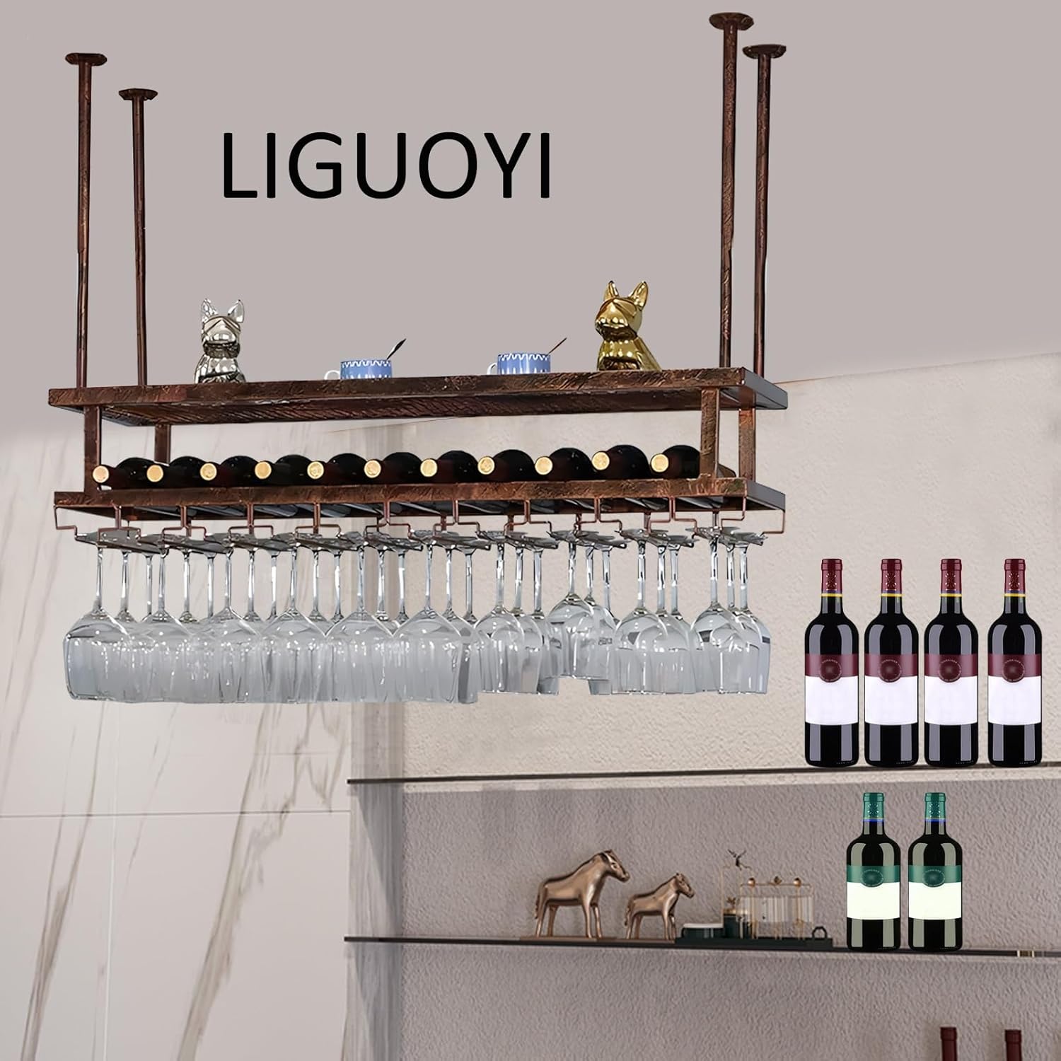 LIGUOYI Ceiling Wine Glass Hanger 3 Layers Space Saving Storage Rack