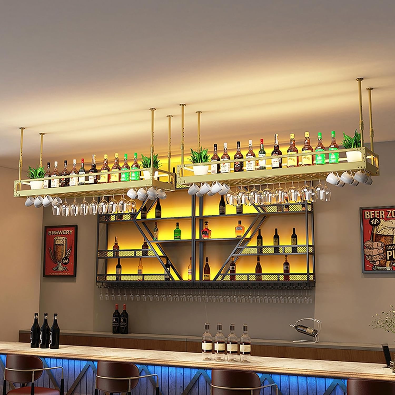 Generic Adjustable Ceiling Wine Glass Rack with LED Light