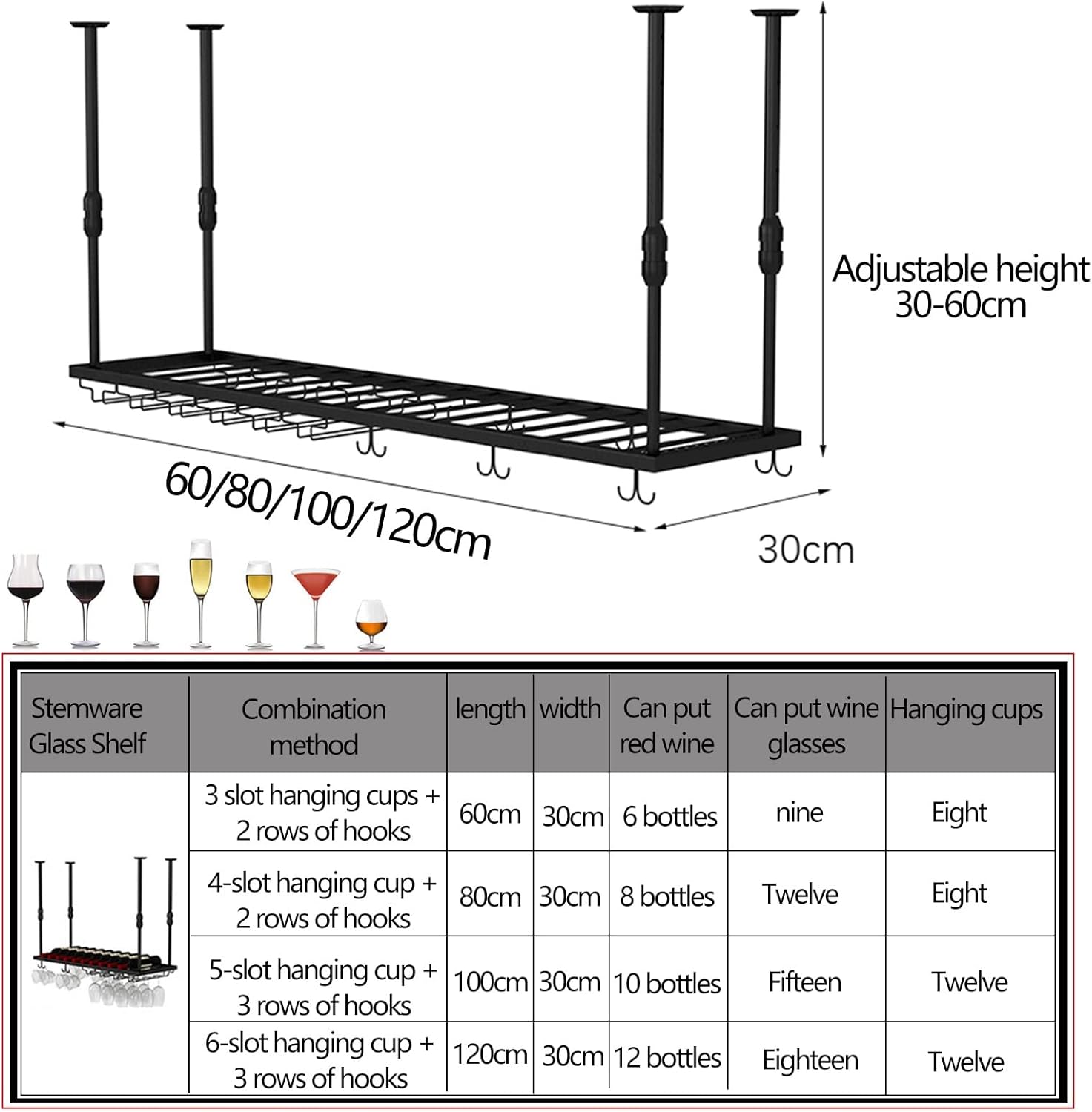 Suuim Adjustable Wine Glass Holder Metal Hanging Rack for Kitchen Bar Ceiling
