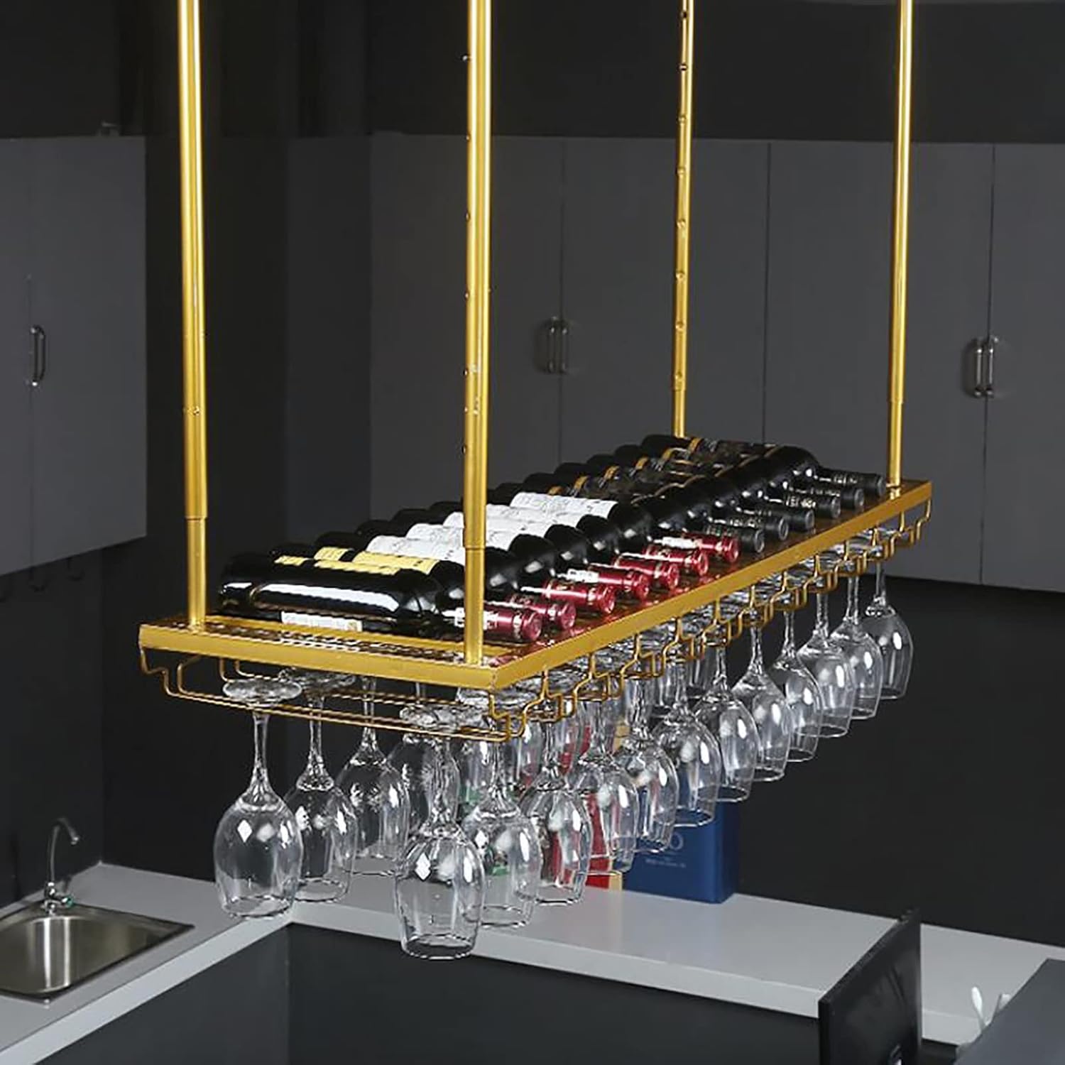 ULAINE Ceiling Metal Wine Rack with Height Adjustment - Gold 60cm