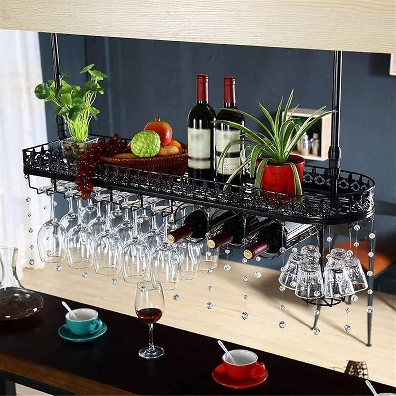 Wall Mounted Wine Rack with Crystal Pendant for Bars and Kitchens