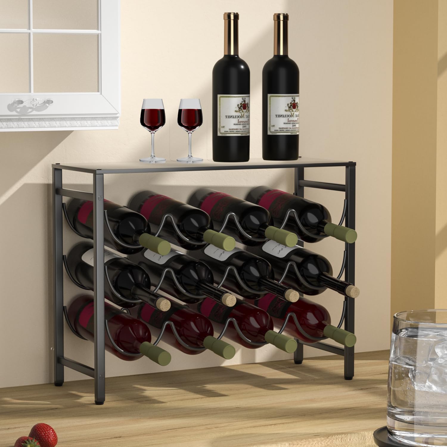 12 Bottles Waved Standing Floor Wine Rack Organizer Black