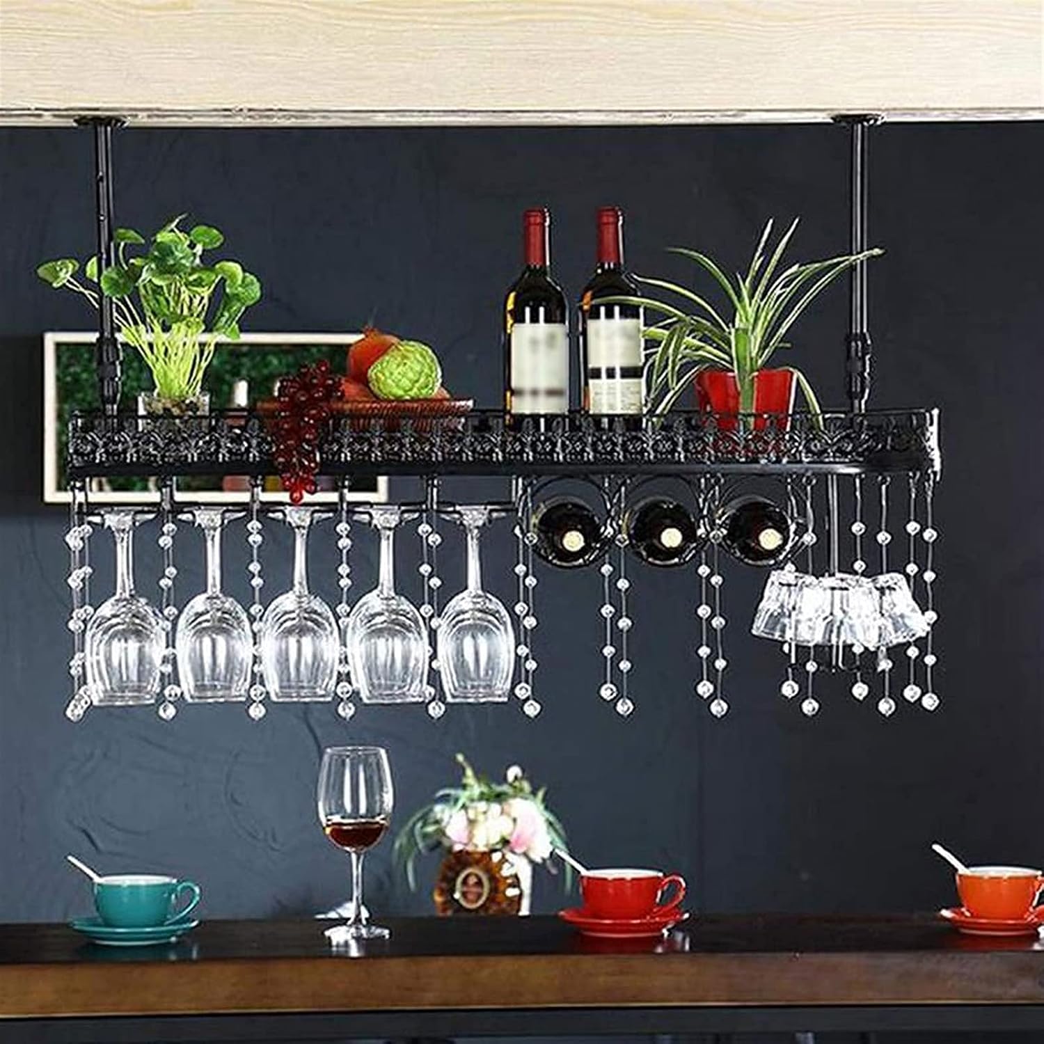 Wall Mounted Wine Rack with Crystal Pendant for Bars and Kitchens