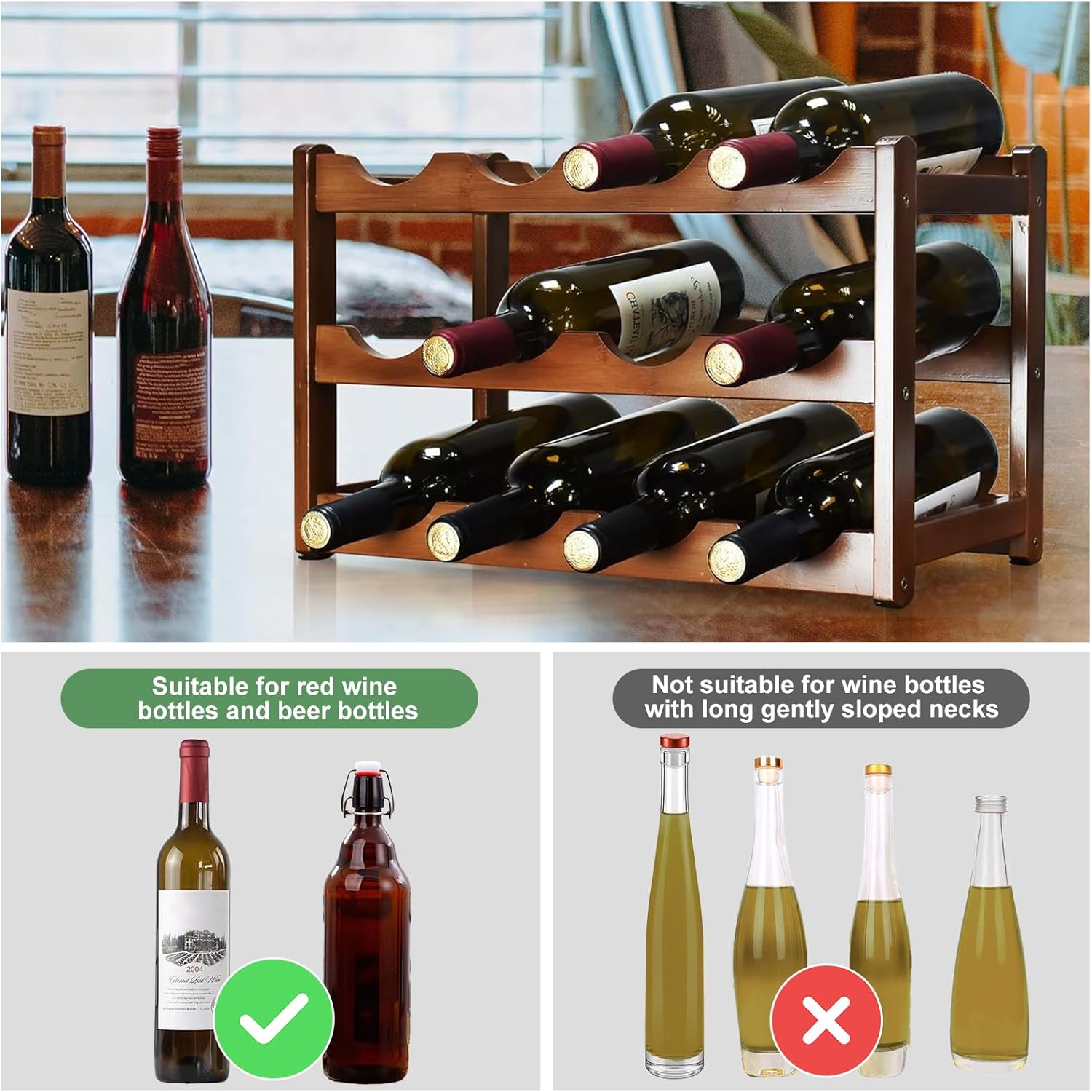 IWNTWY 12-Bottle 3-Tier Freestanding Wine Rack Brown