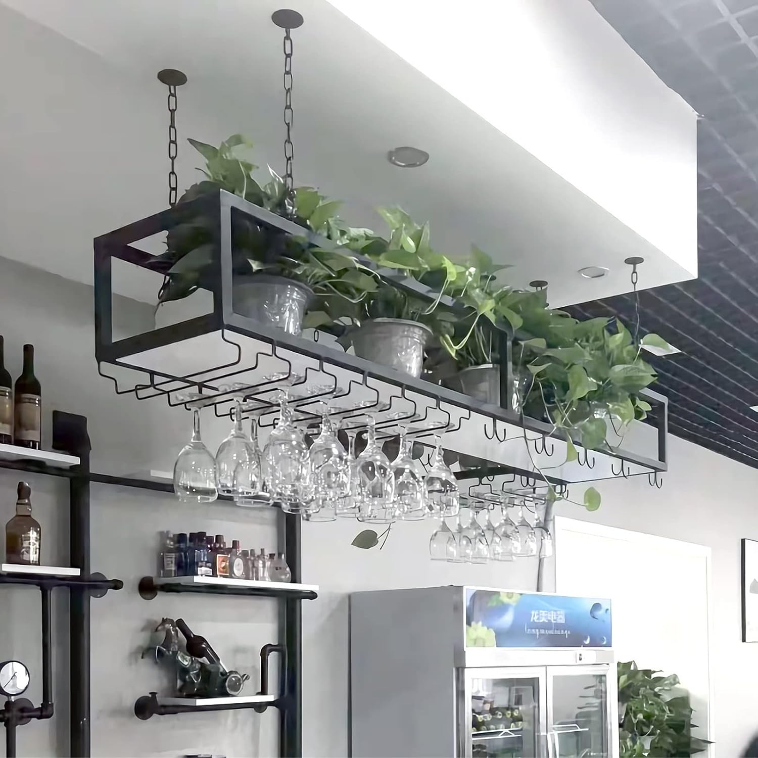 Adjustable Ceiling Wine Shelf with Glass Durable Metal Stand Wall-Mounted Organizer