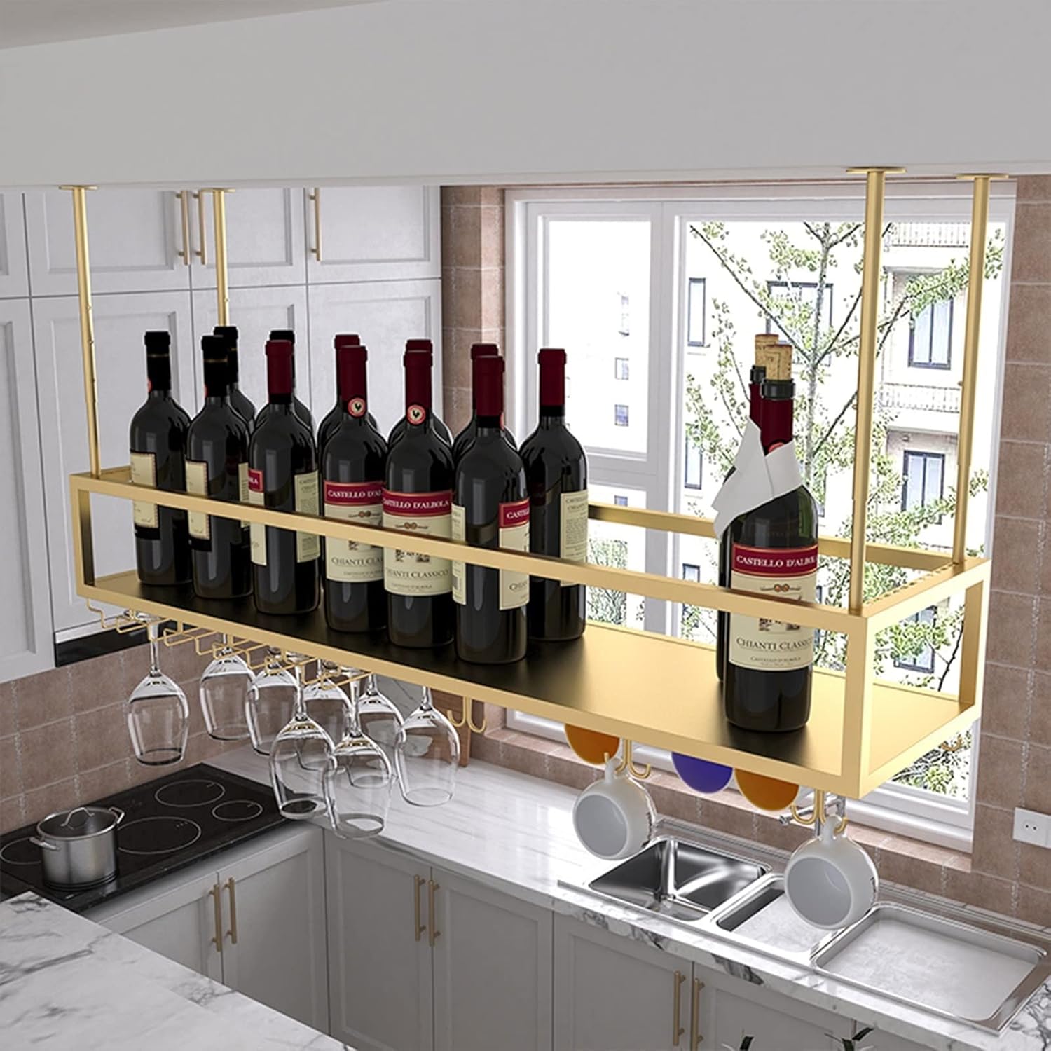 Suuim Ceiling Wine Rack with Stemware Holder Gold
