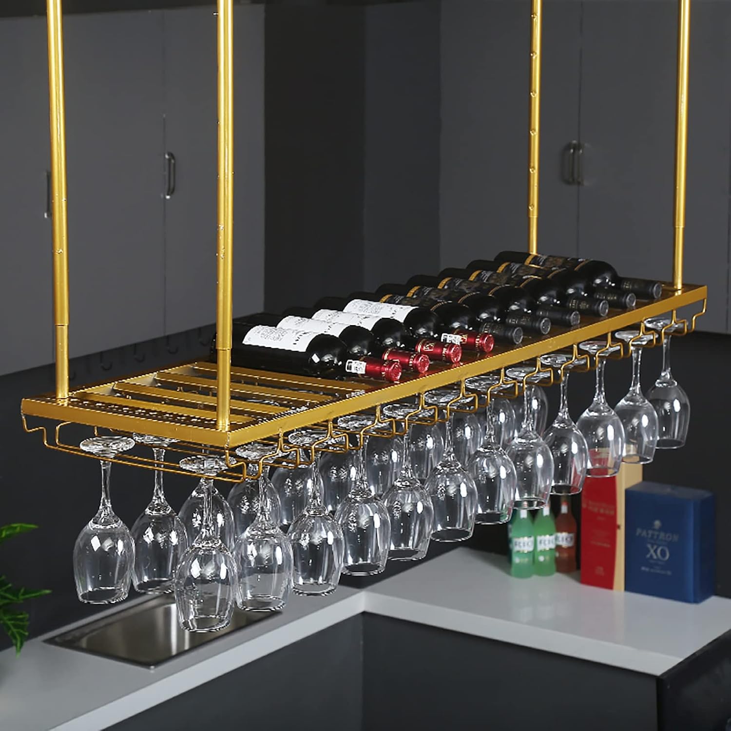 ULAINE Ceiling Metal Wine Rack with Height Adjustment - Gold 60cm