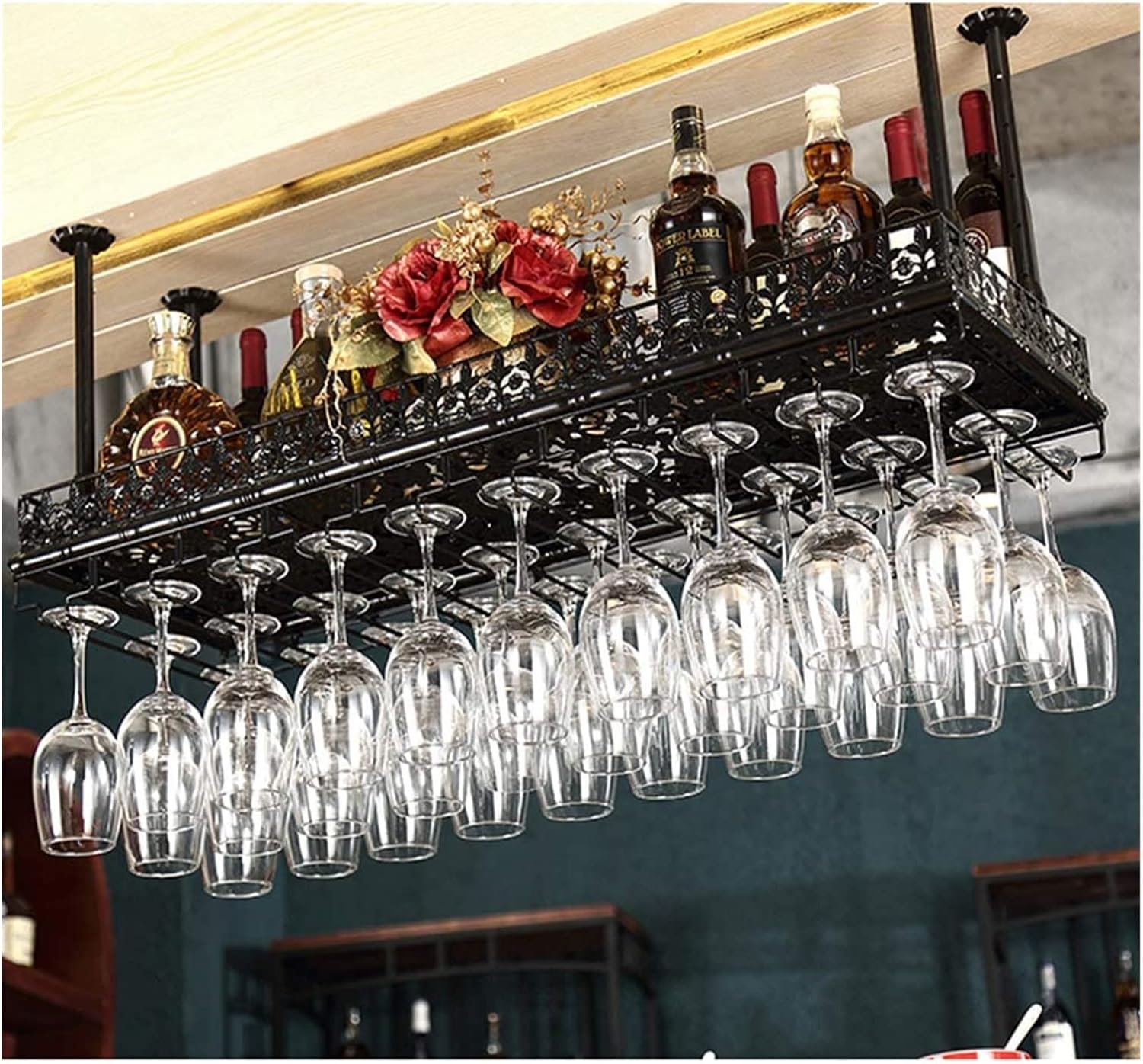ALDEPO Wall-Mounted Wine Rack with Glass Holder Black Decor