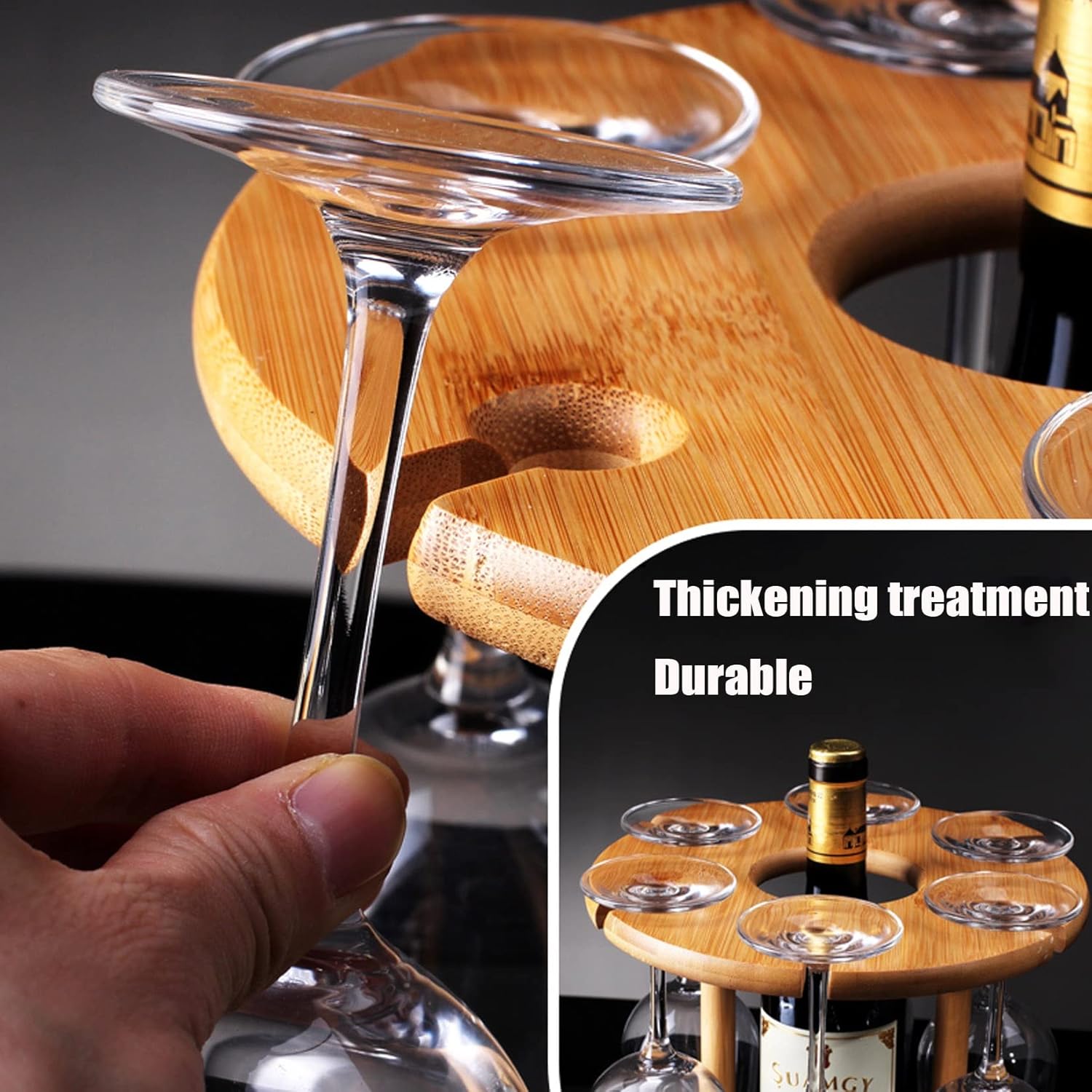 WORDFUN Bamboo Wine Holder with 6 Glasses