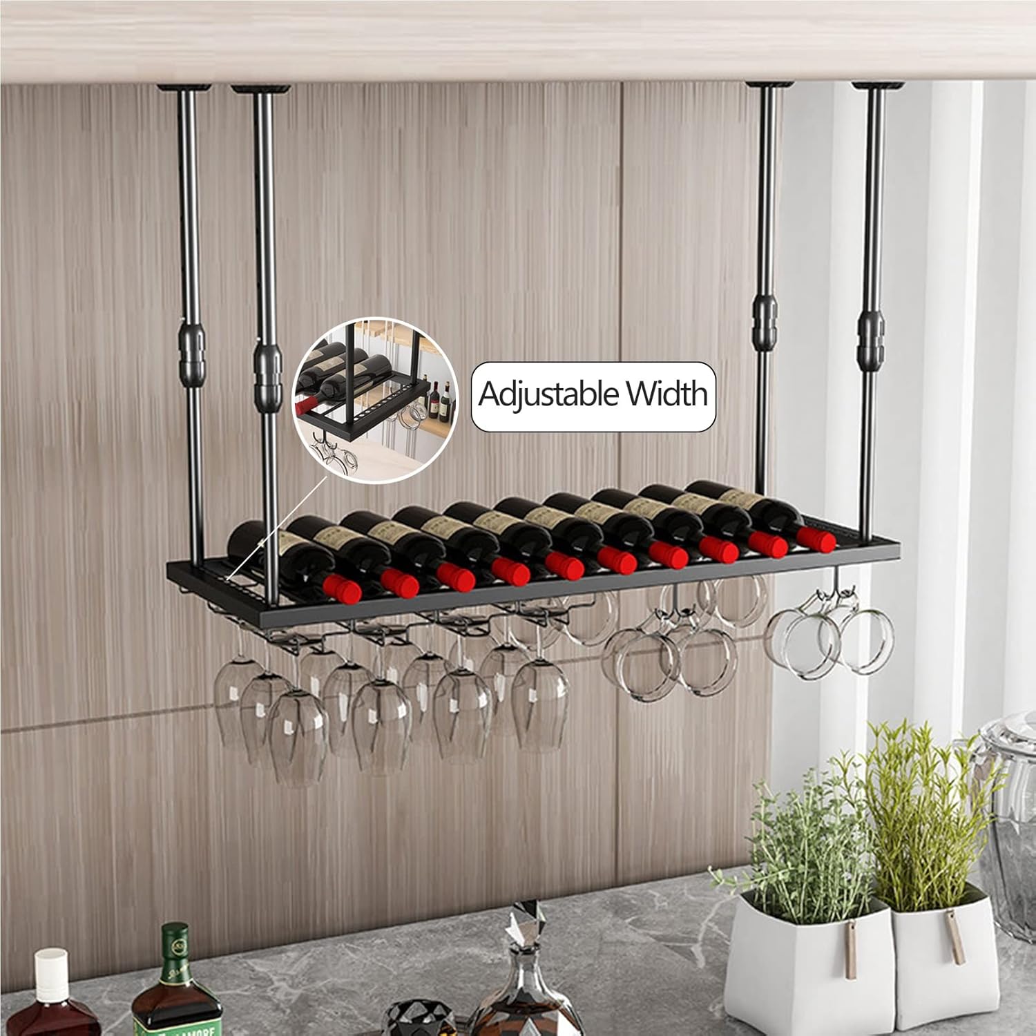 Suuim Adjustable Wine Glass Holder Metal Hanging Rack for Kitchen Bar Ceiling