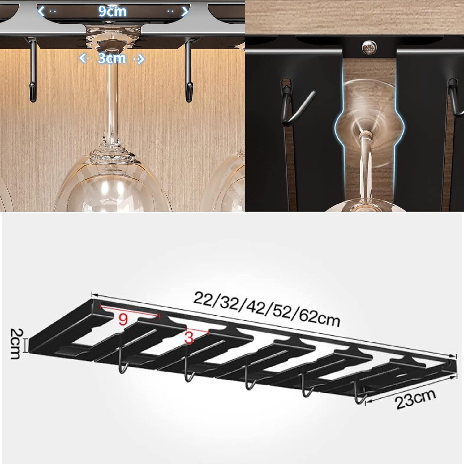 Adjustable Wine Glass Rack - Stainless Steel 3 Rows 2 Slots Black