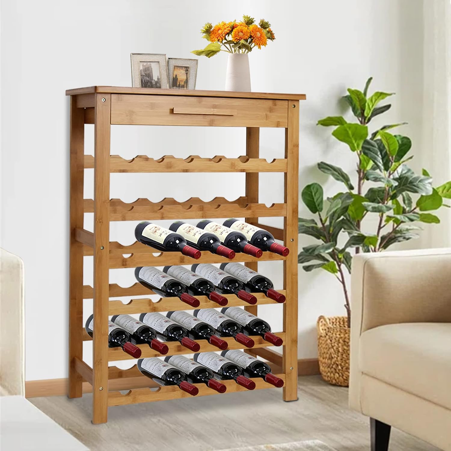 KINTNESS 36-Bottle Bamboo Wine Rack with Countertop