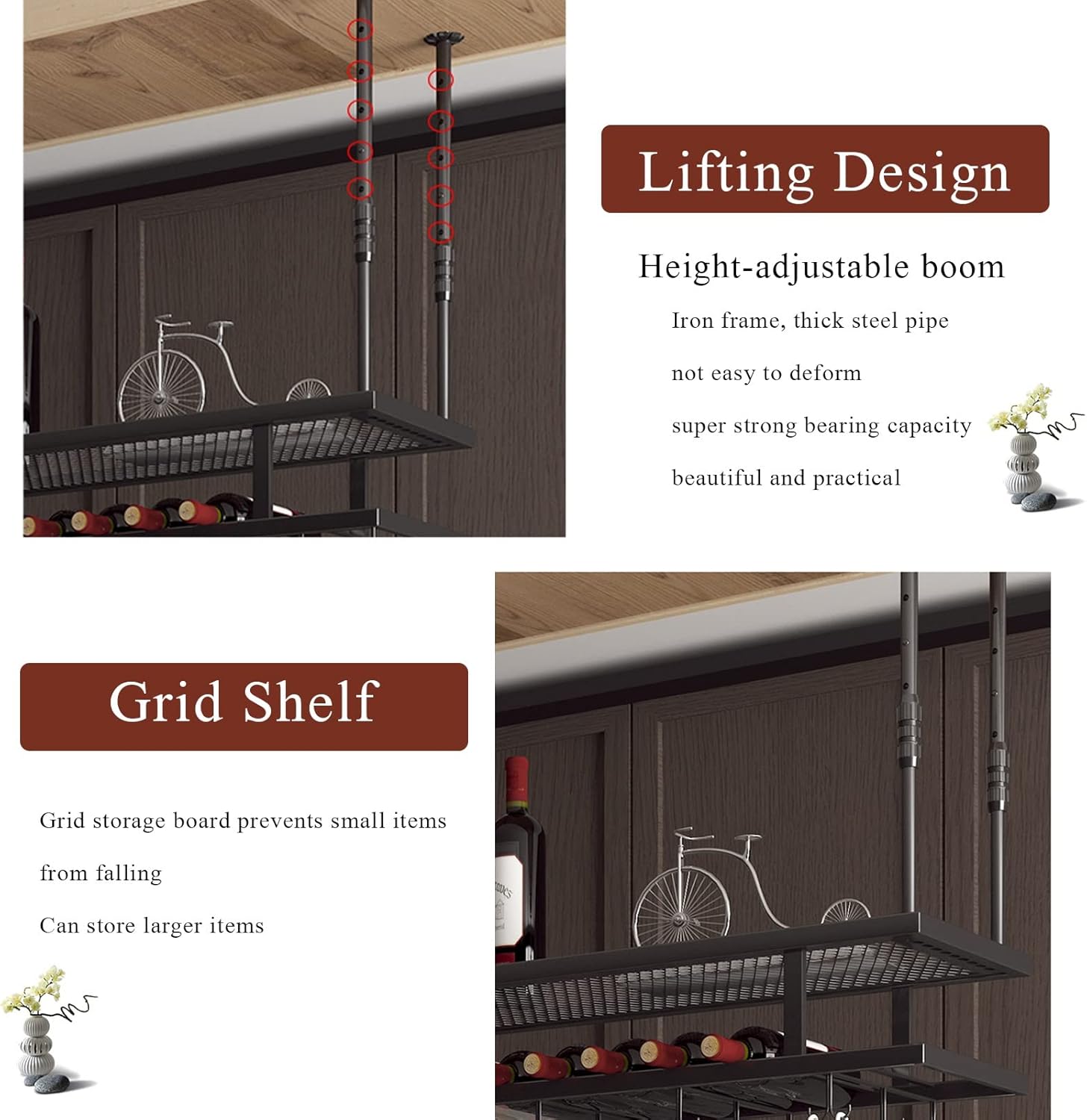 FAFACAI 2-Tier Wine Rack Ceiling Holder with Iron Design