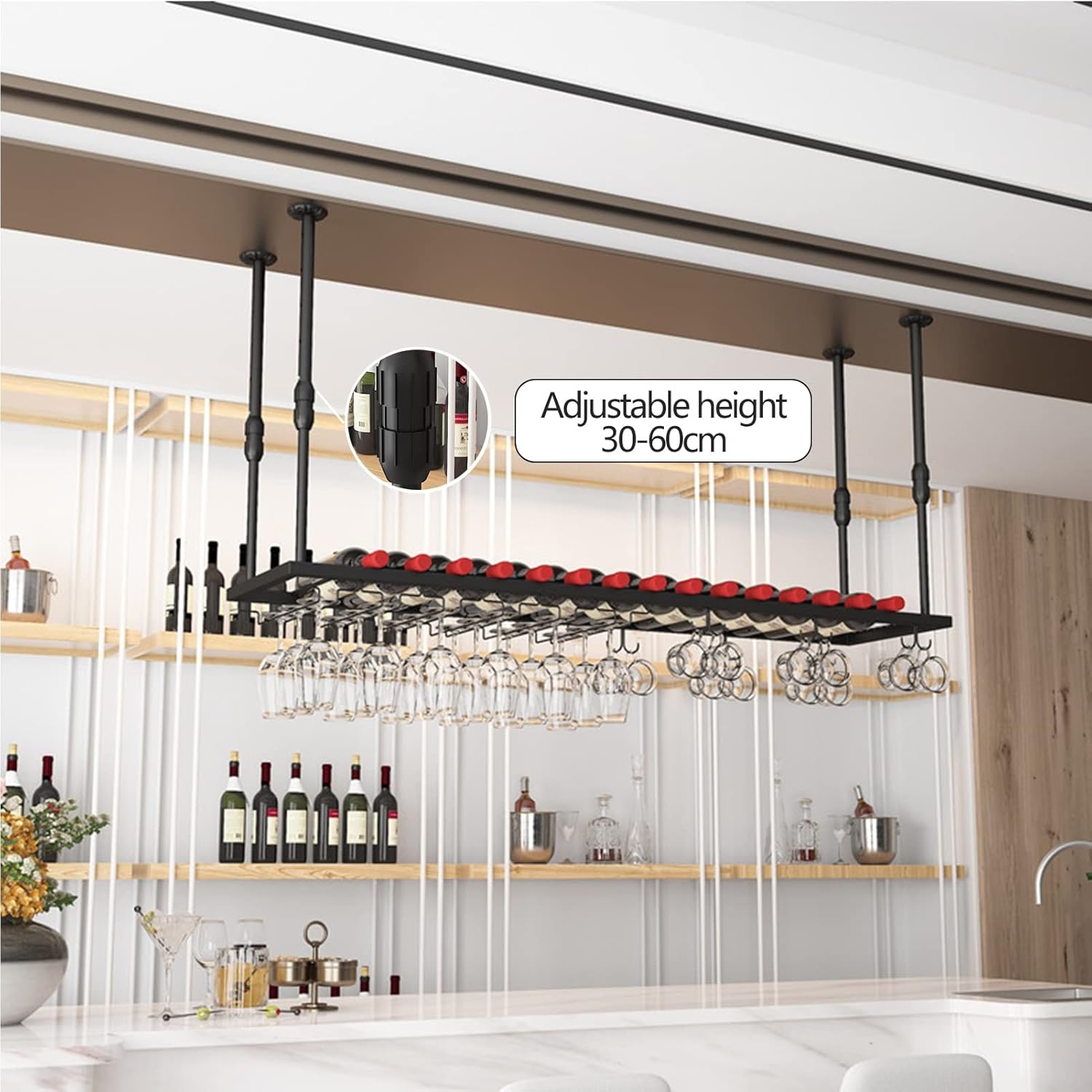 Suuim Adjustable Wine Glass Holder Metal Hanging Rack for Kitchen Bar Ceiling