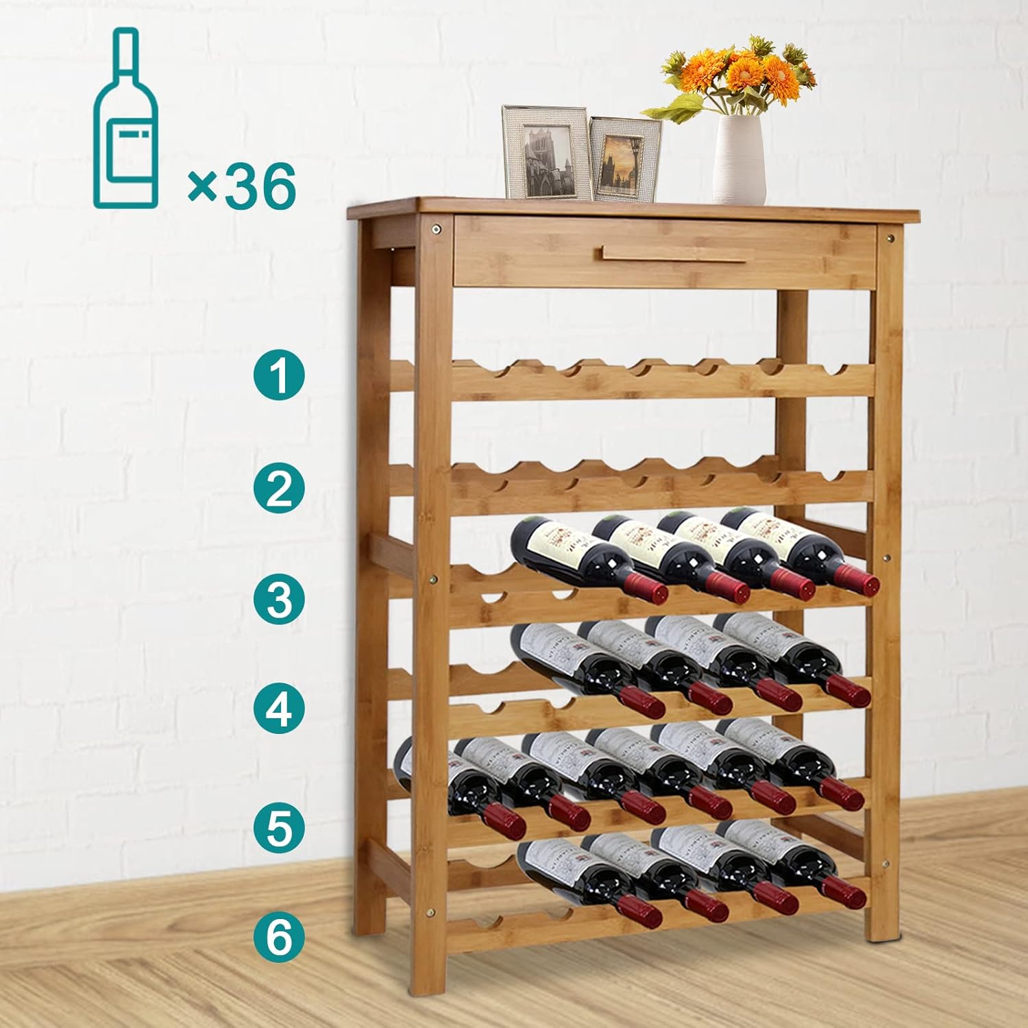 KINTNESS 36-Bottle Bamboo Wine Rack with Countertop