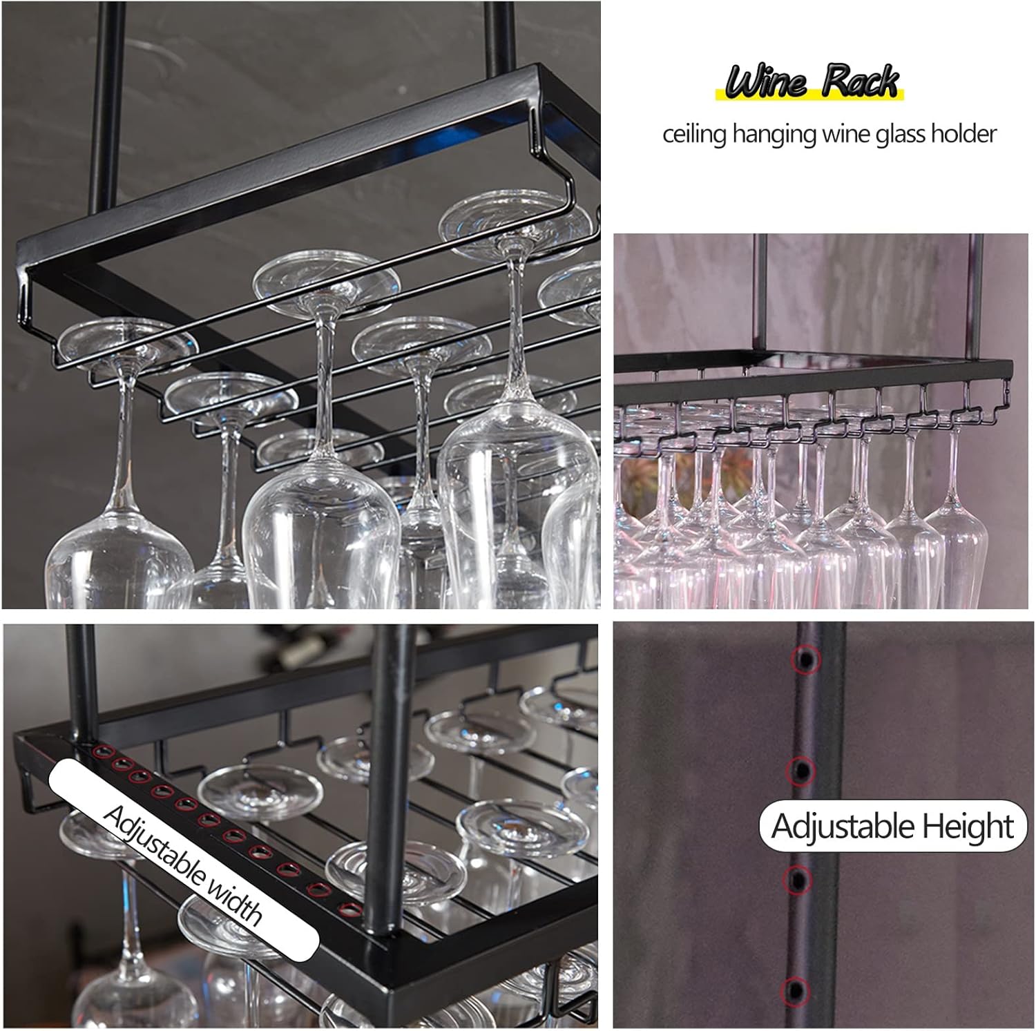 Suuim Ceiling Hanging Wine Rack Black Adjustable
