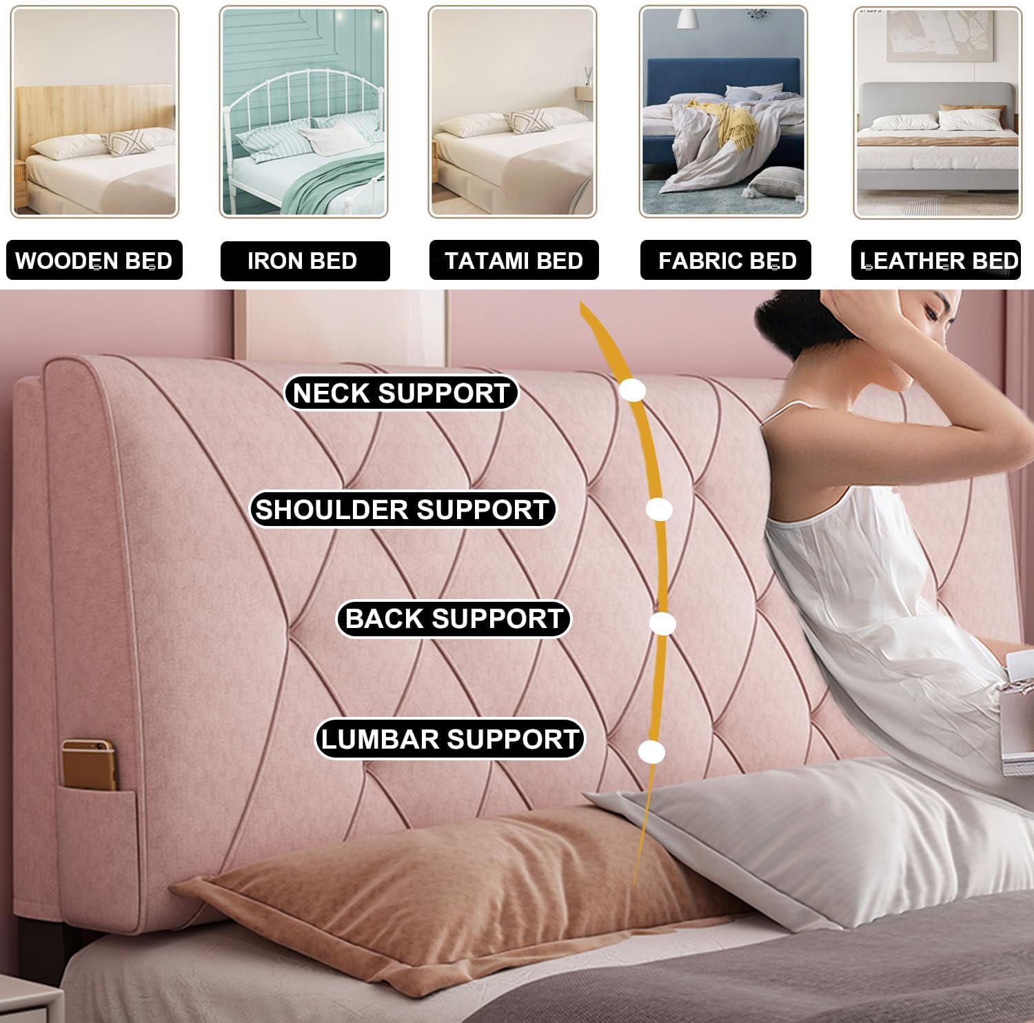 ZZYK Pink Fleece Headboard Cushion with Straps 47