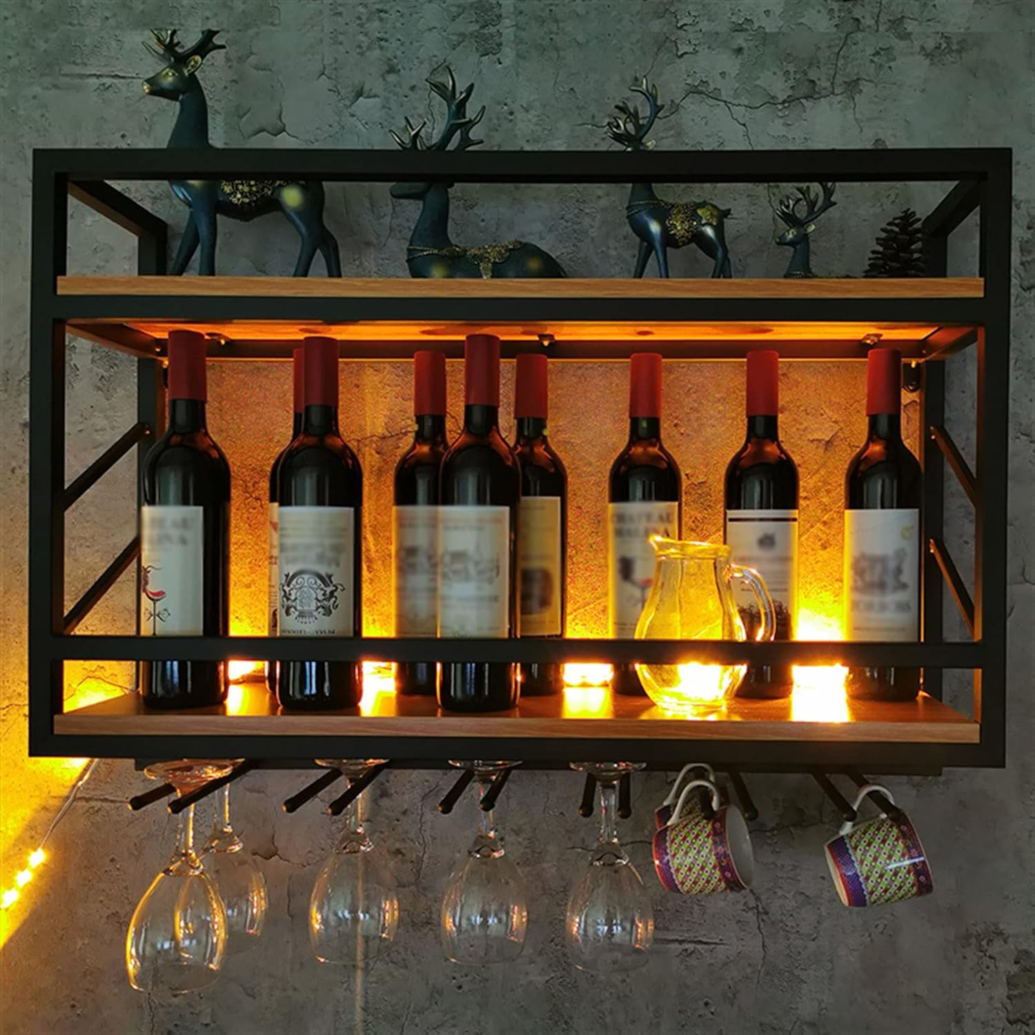 Wall Mounted Wine Rack with 2 Tiers and Glass Holder