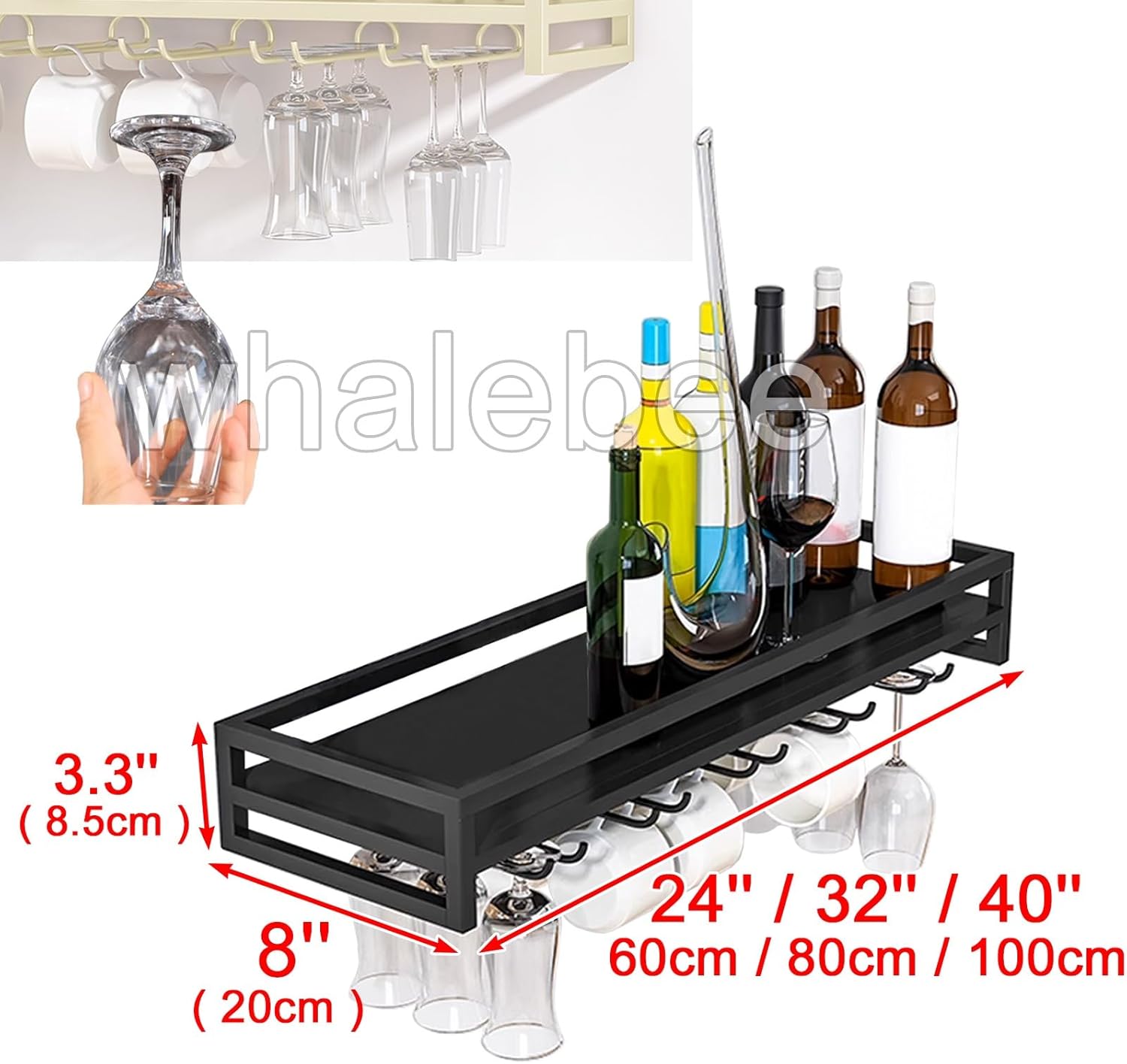 Whalebee Wall Mounted Wine Glass Rack 60cm 80cm 100cm 5 7 9 Rows