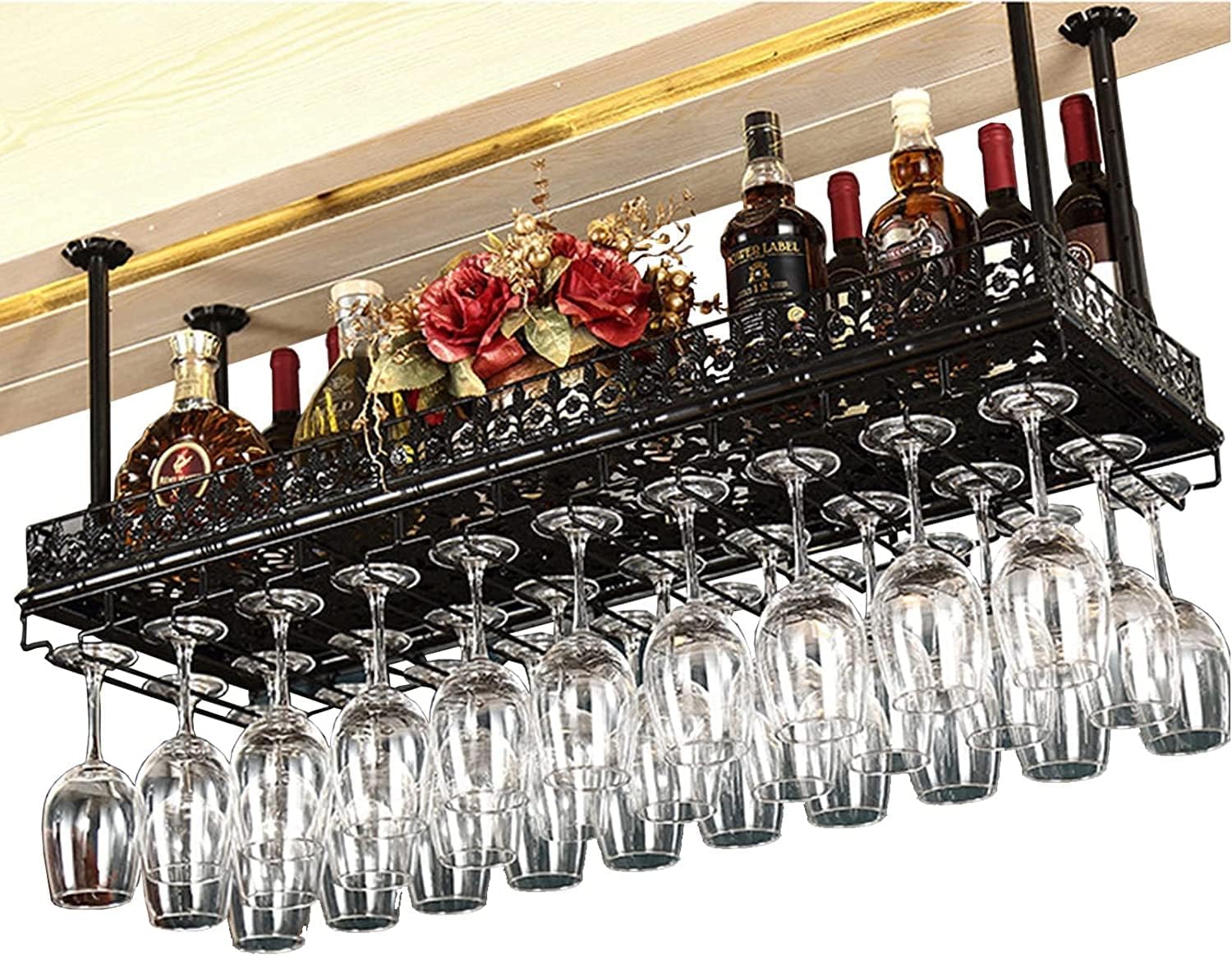 Wine Rack Ceiling Holder Black Metal Floating Wine Glass Storage Shelf