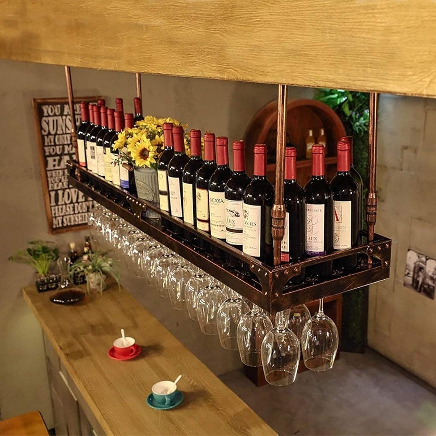 CGF- Wall-Mounted Wine Rack with Upside Down Glass Holders - Bronze Finish