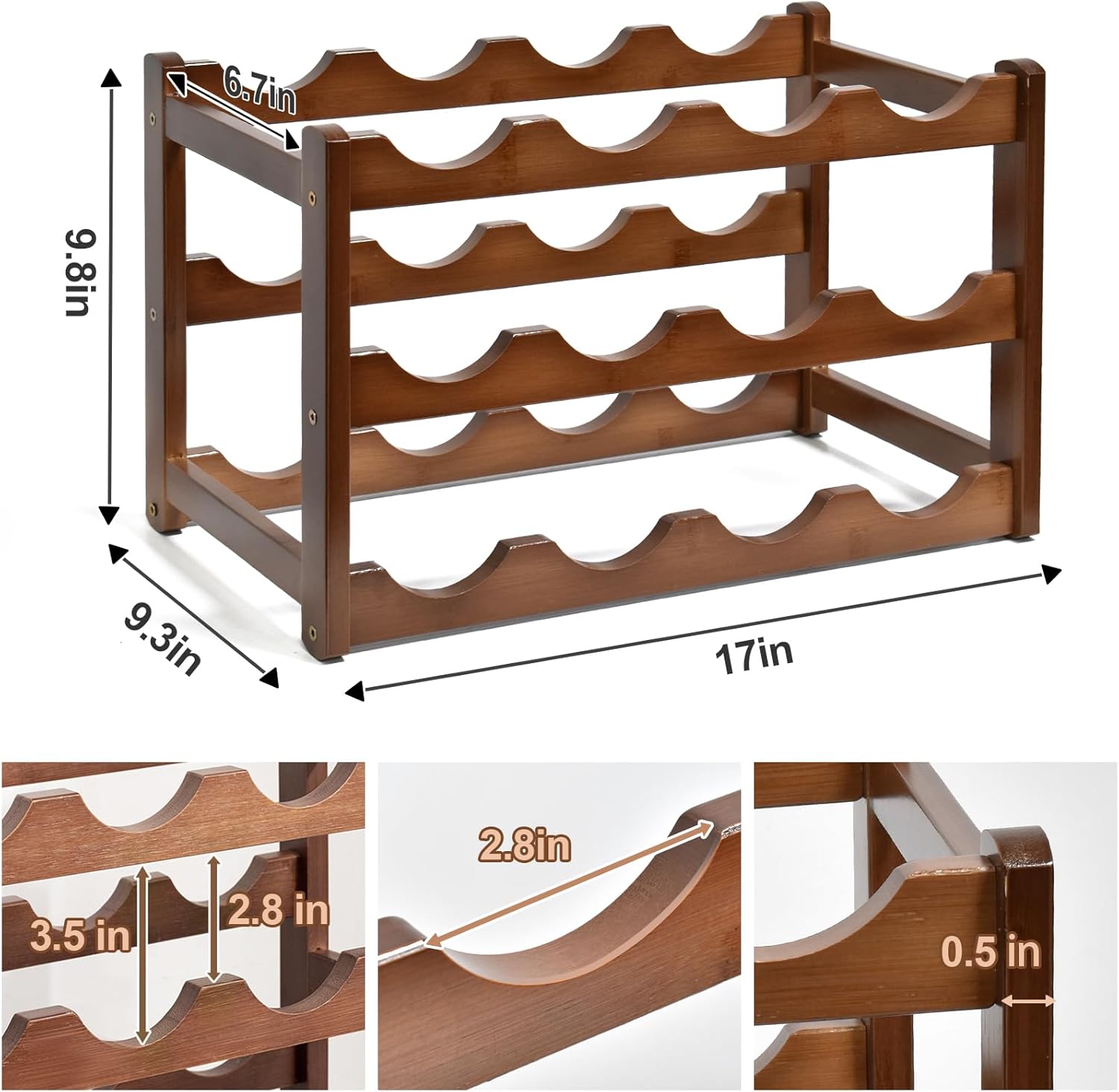 IWNTWY 12-Bottle 3-Tier Freestanding Wine Rack Brown