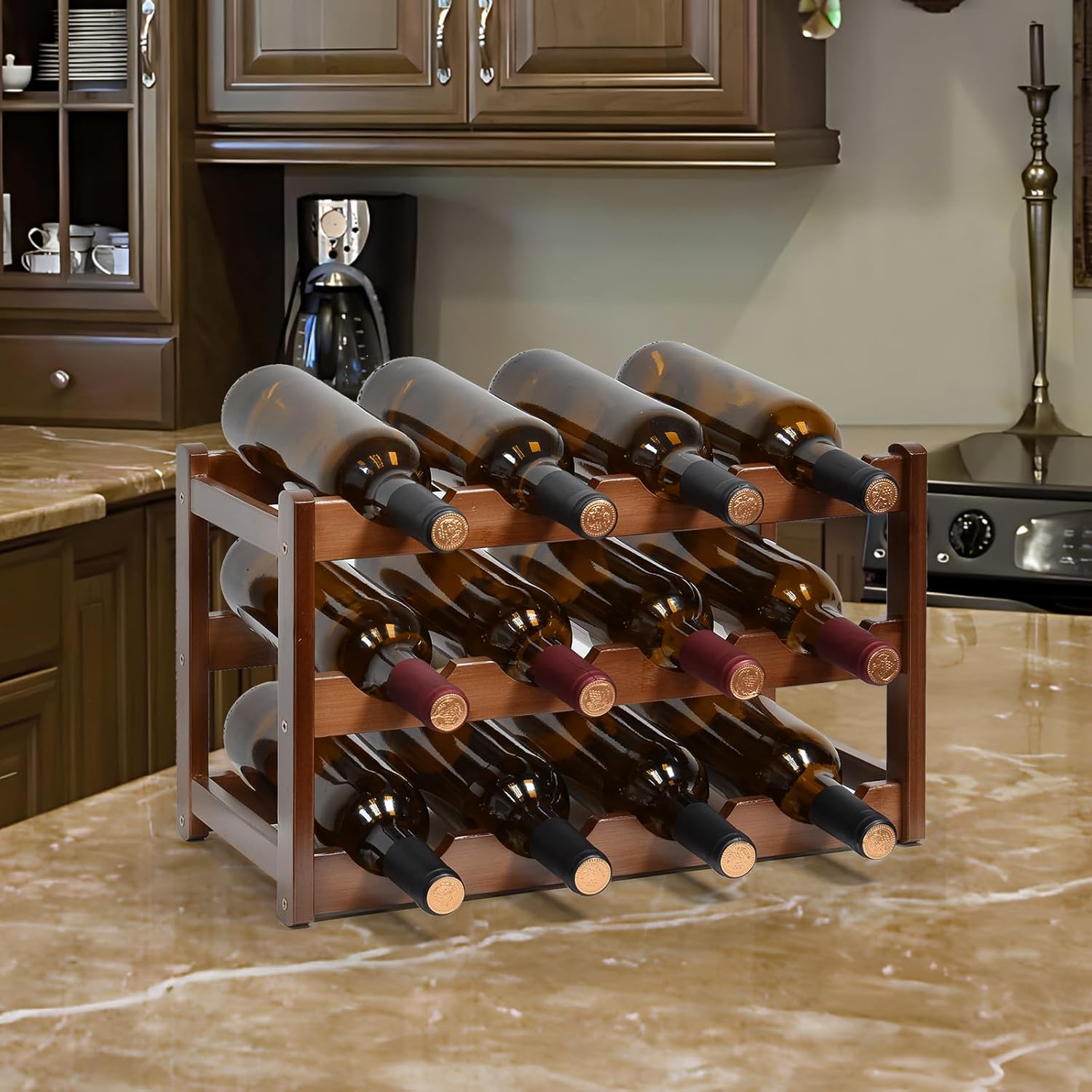 IWNTWY 12-Bottle 3-Tier Freestanding Wine Rack Brown