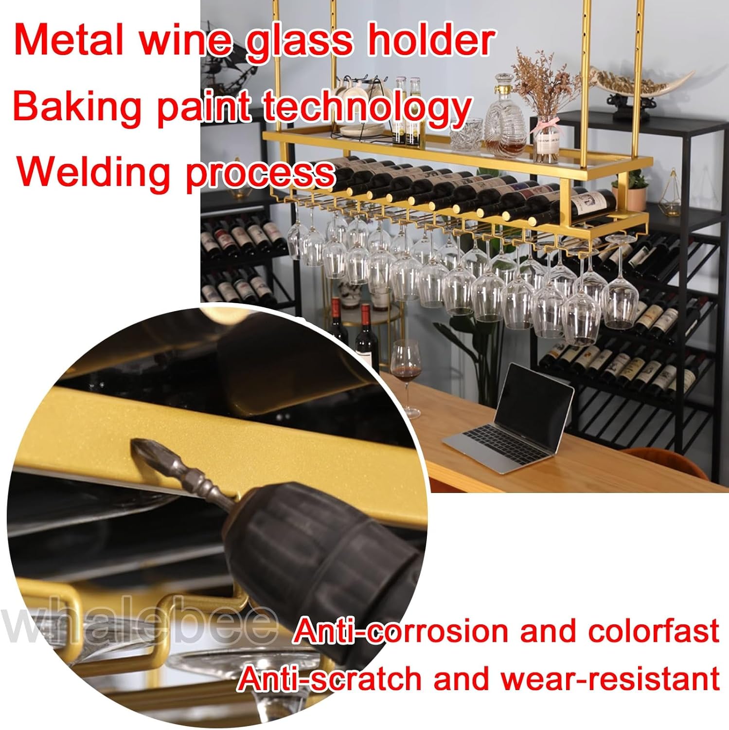 Whalebee Adjustable Metal Wine Glass Ceiling Rack
