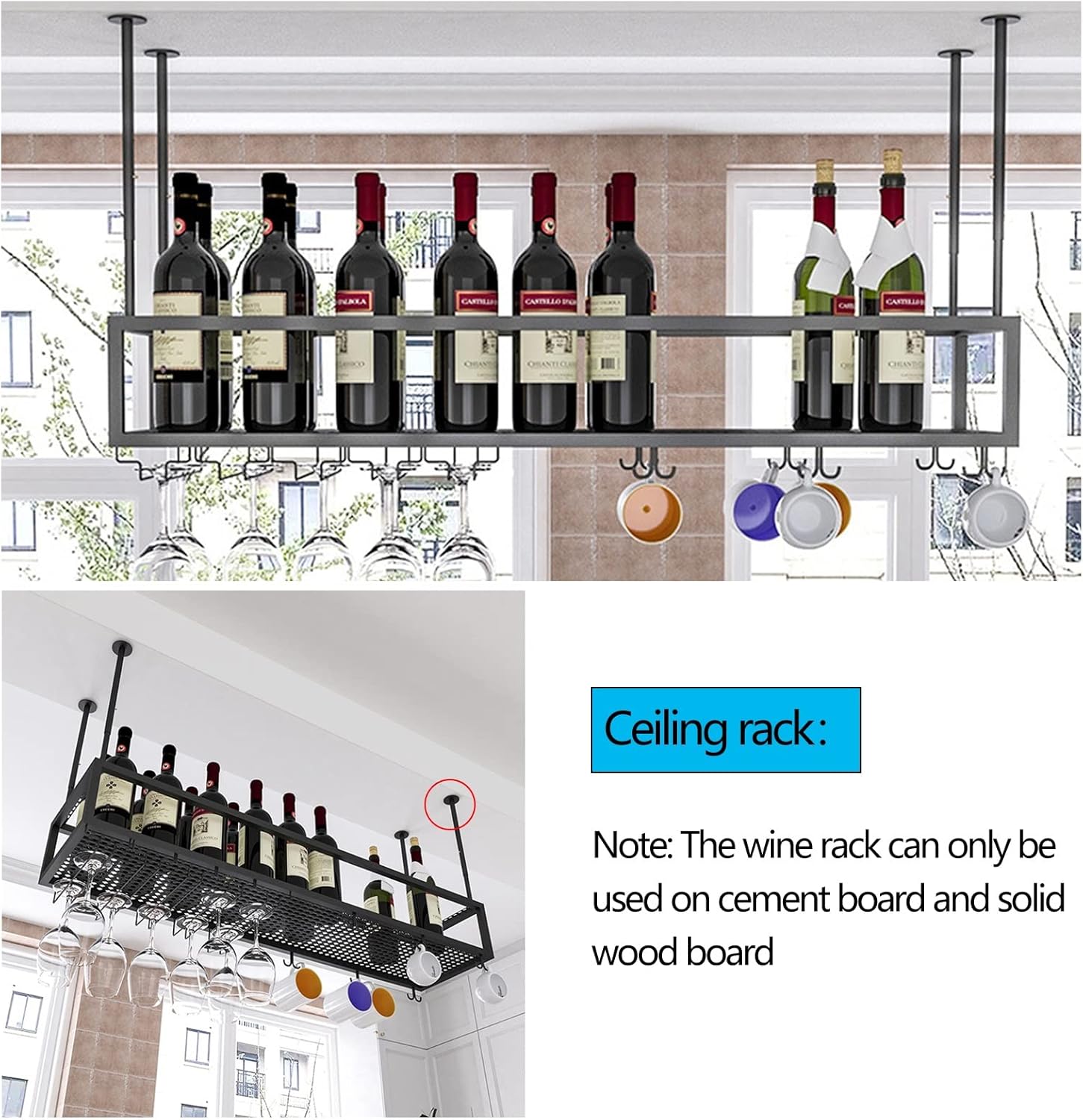 Adjustable Wine Glass Holder with Ceiling and Cabinet Storage